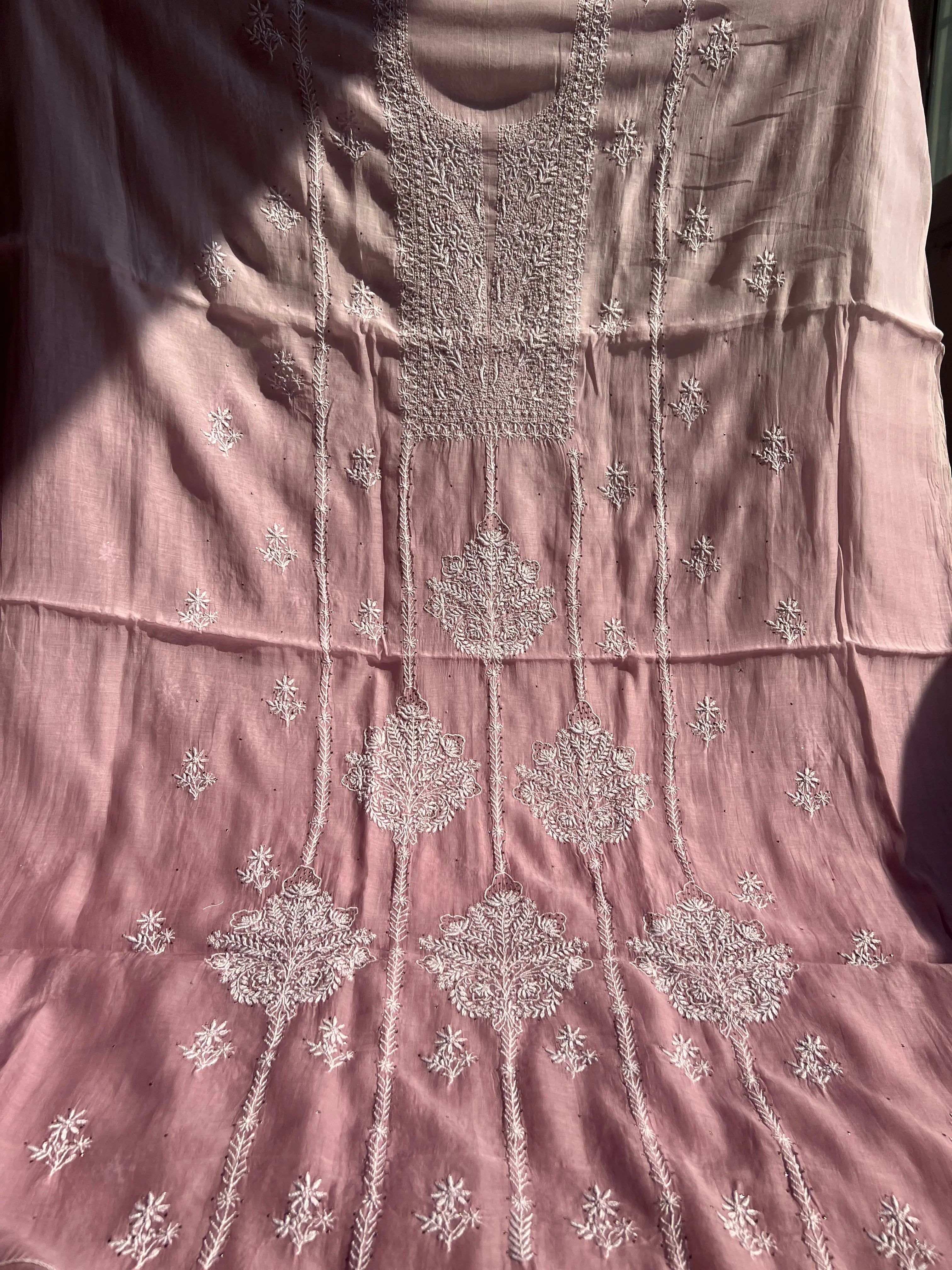 Mul Chanderi Chikankari Unstitched Length with Dupatta - Mauve Ombre ARIAA CHIKANKARI