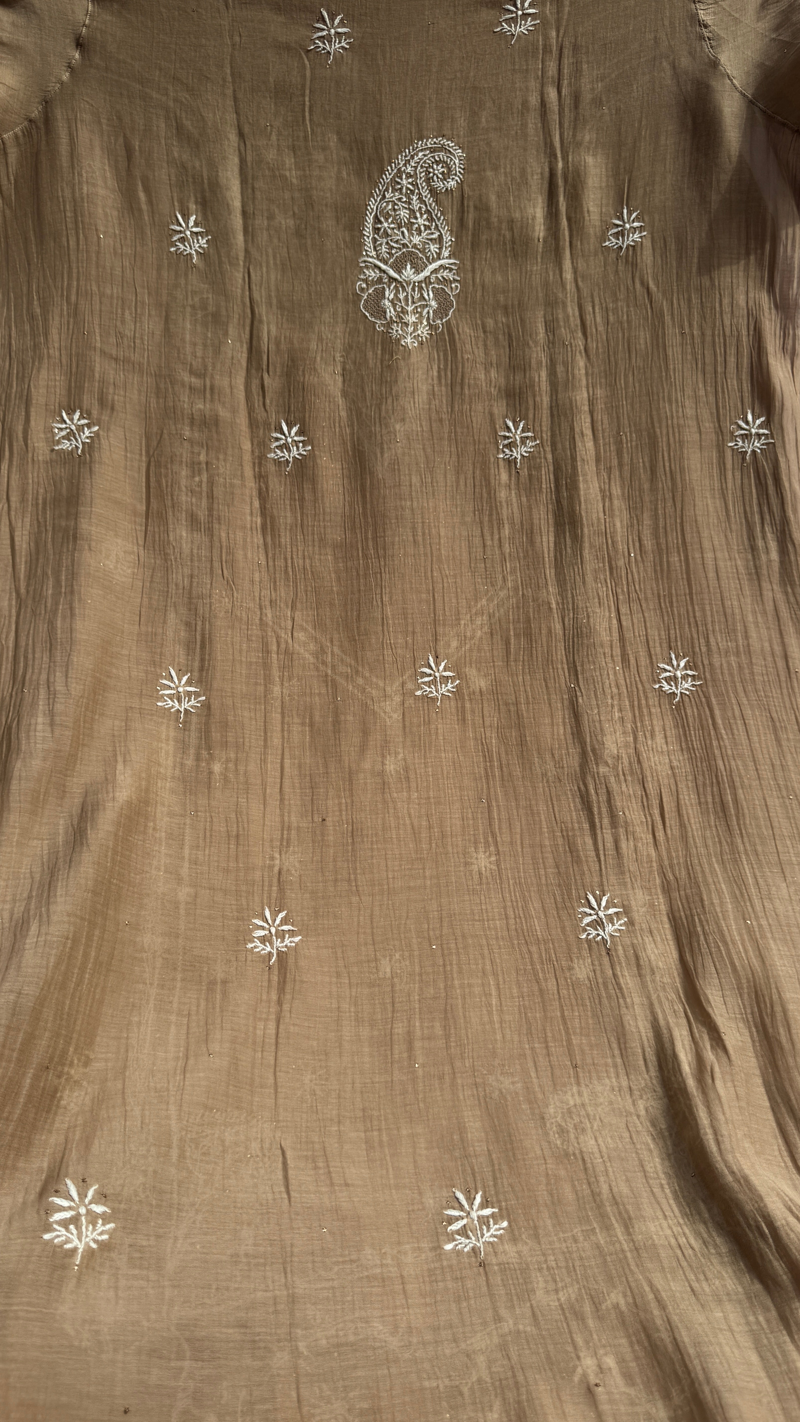 Mul Chanderi Chikankari Unstitched Length with Dupatta with Mukaish Add-On- Soft Brown