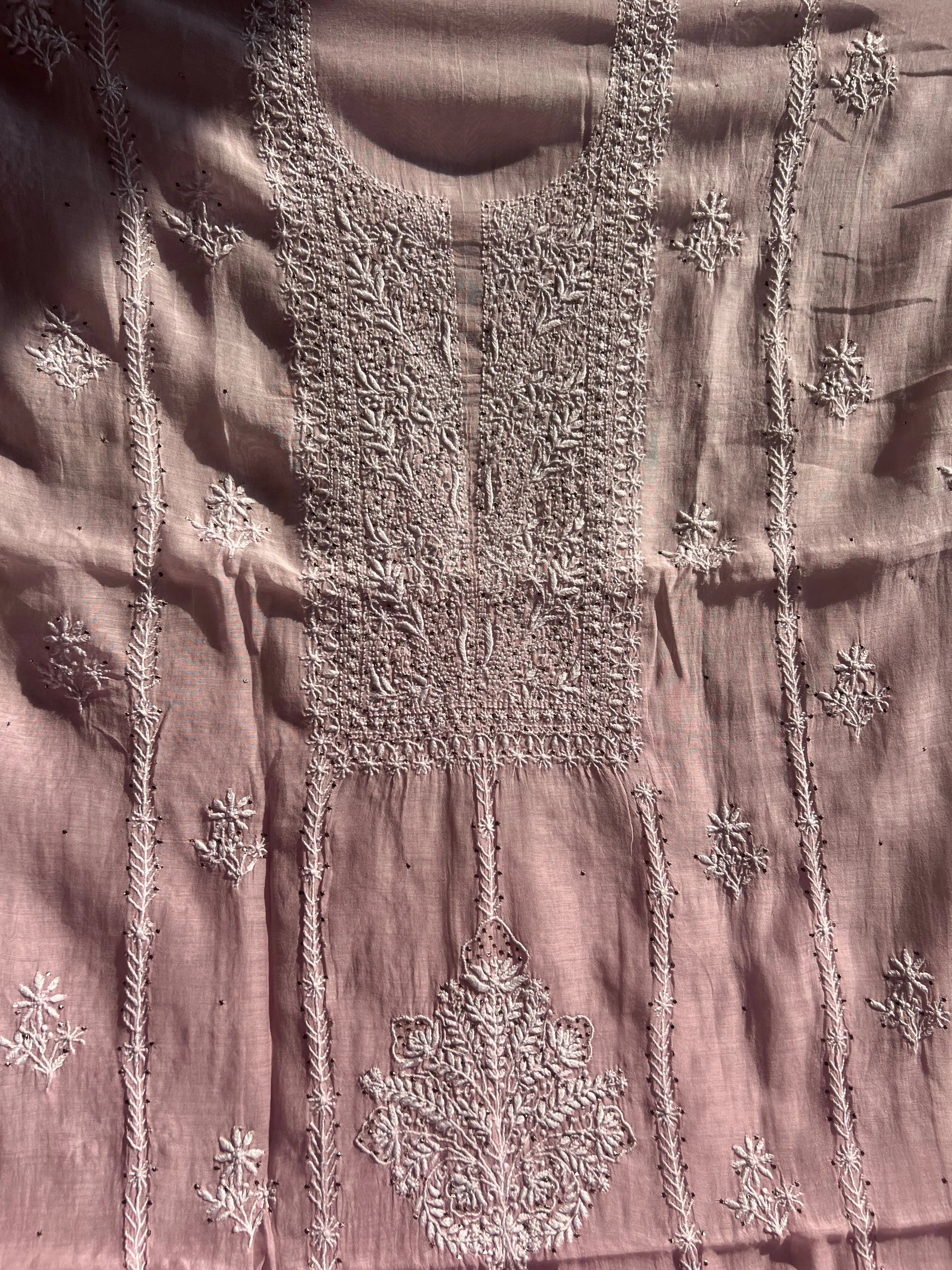 Mul Chanderi Chikankari Unstitched Length with Dupatta - Mauve Ombre ARIAA CHIKANKARI