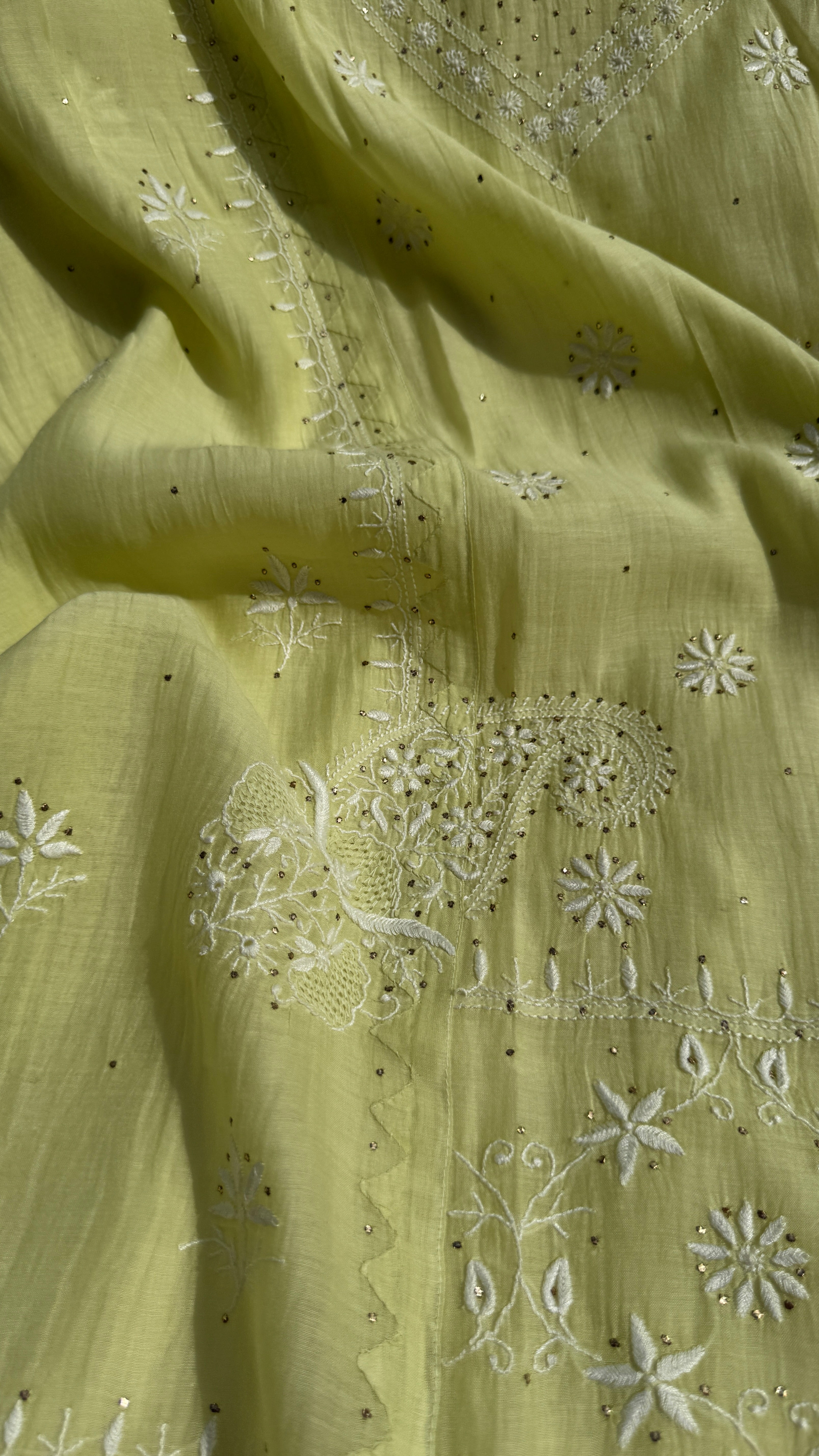 Mul Chanderi Chikankari Unstitched Length with Dupatta with Mukaish Add-On- Apple Green