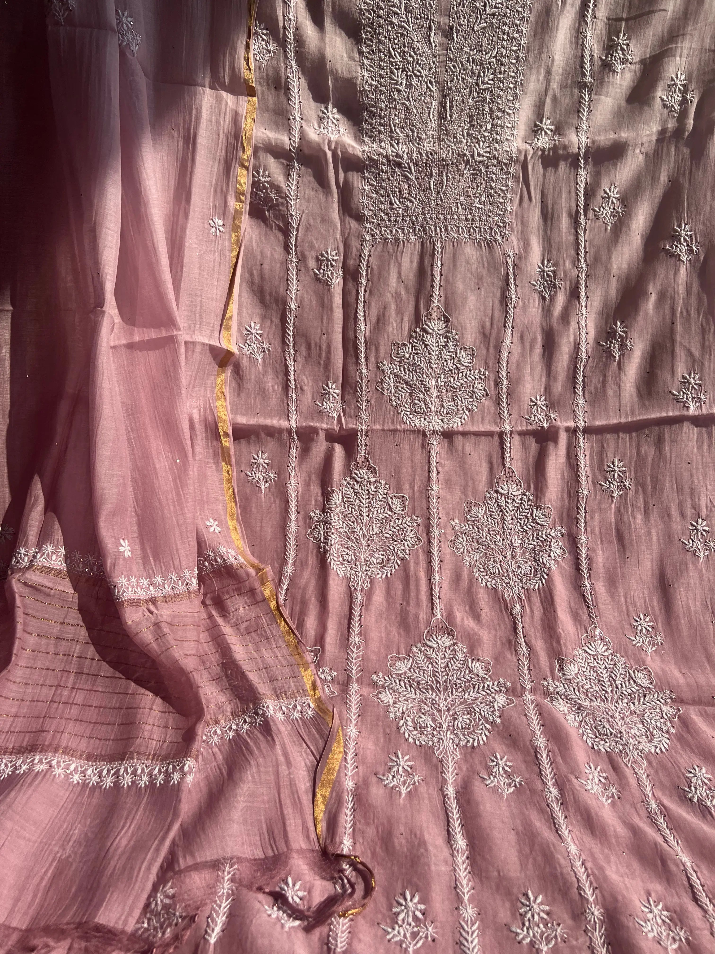 Mul Chanderi Chikankari Unstitched Length with Dupatta - Mauve Ombre ARIAA CHIKANKARI
