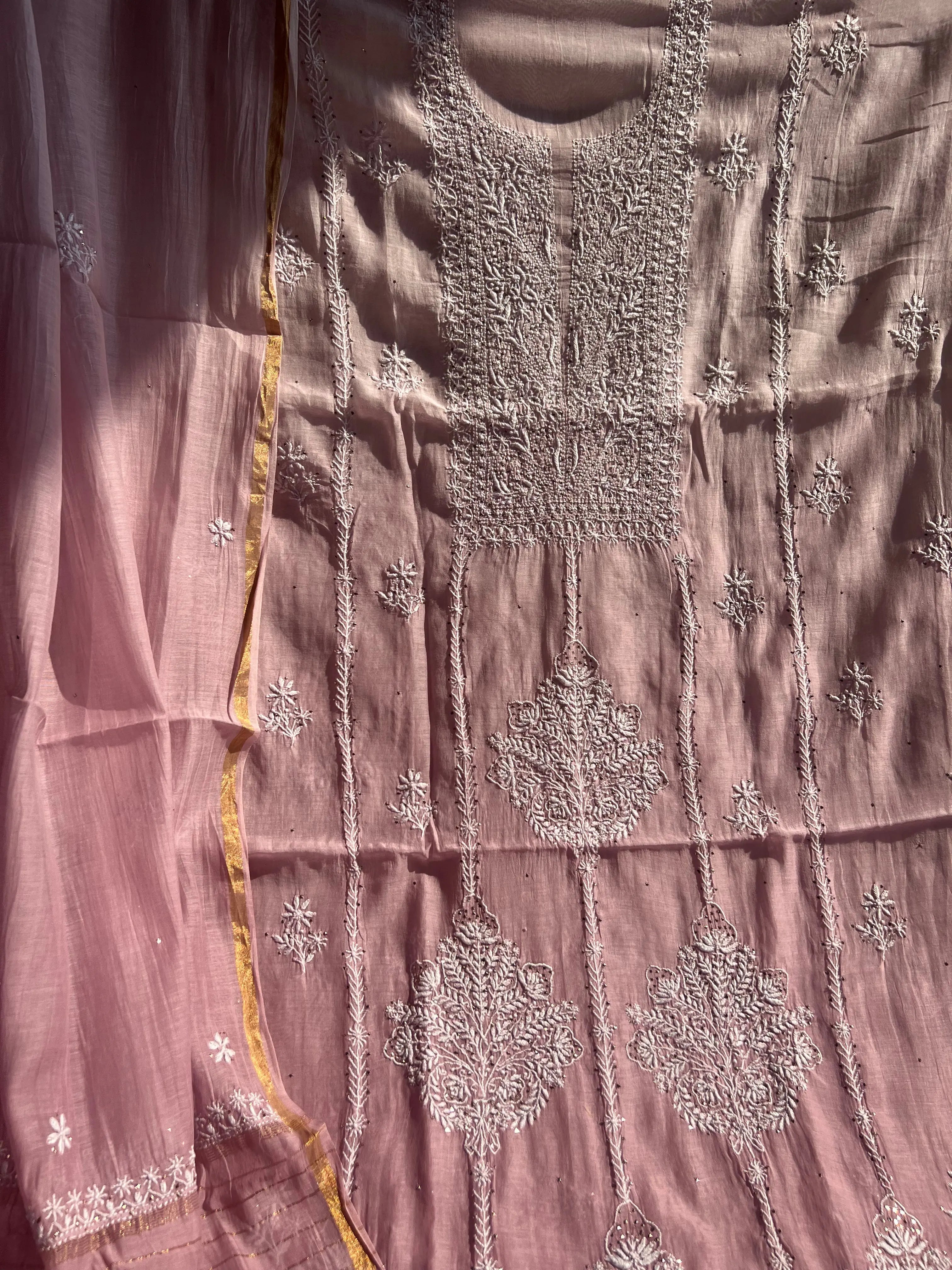 Mul Chanderi Chikankari Unstitched Length with Dupatta - Mauve Ombre ARIAA CHIKANKARI