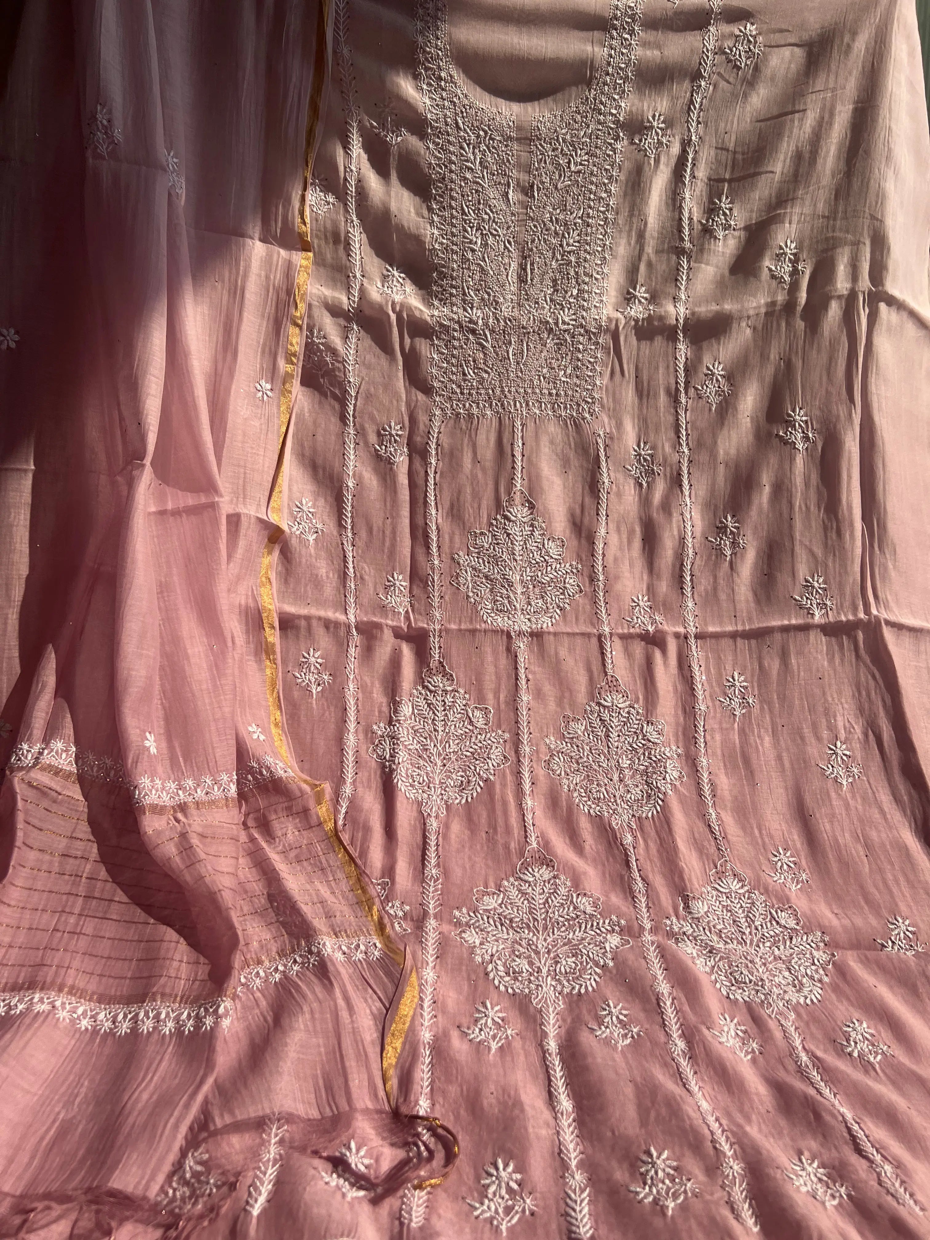 Mul Chanderi Chikankari Unstitched Length with Dupatta - Mauve Ombre ARIAA CHIKANKARI