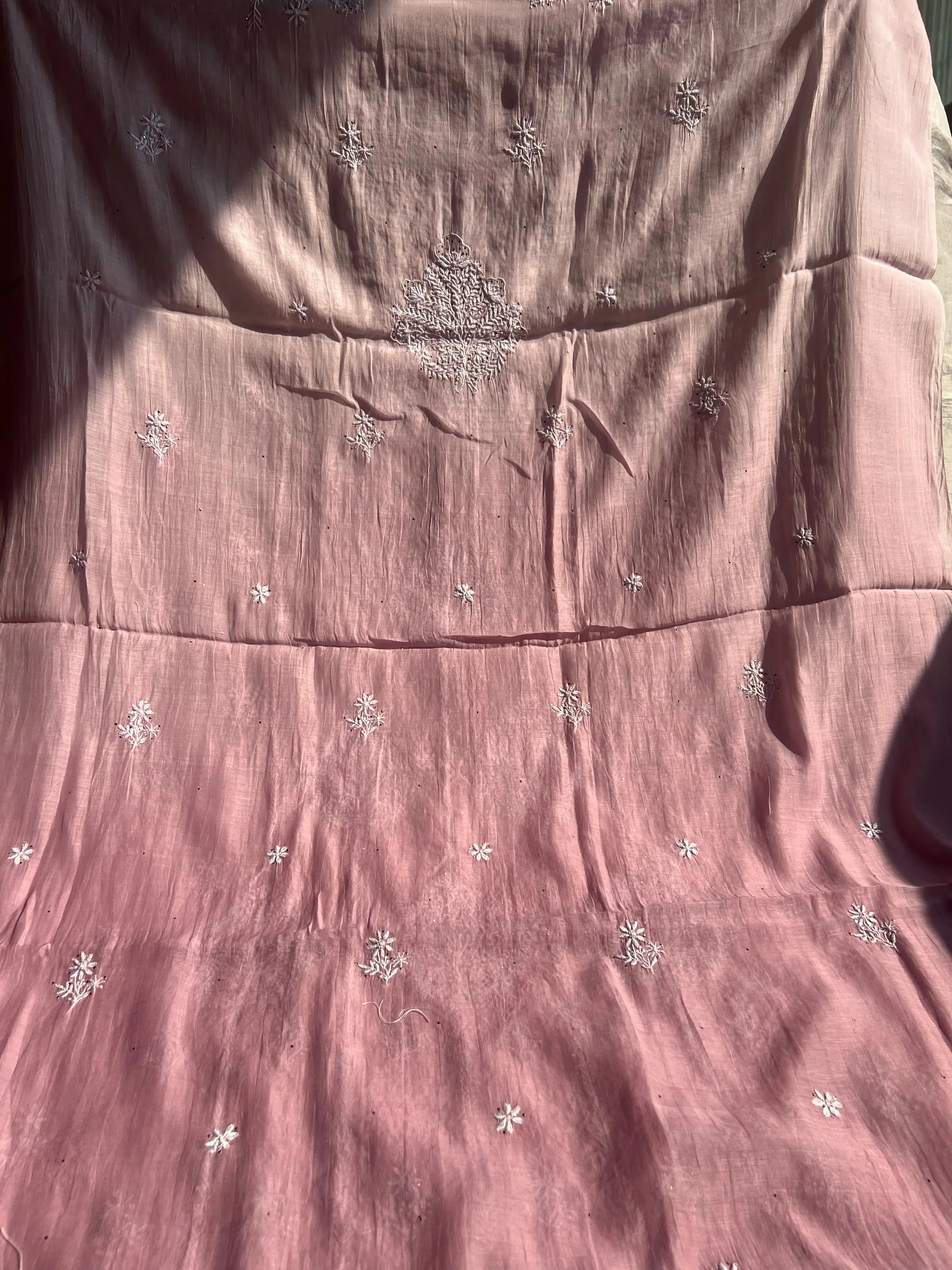 Mul Chanderi Chikankari Unstitched Length with Dupatta - Mauve Ombre ARIAA CHIKANKARI