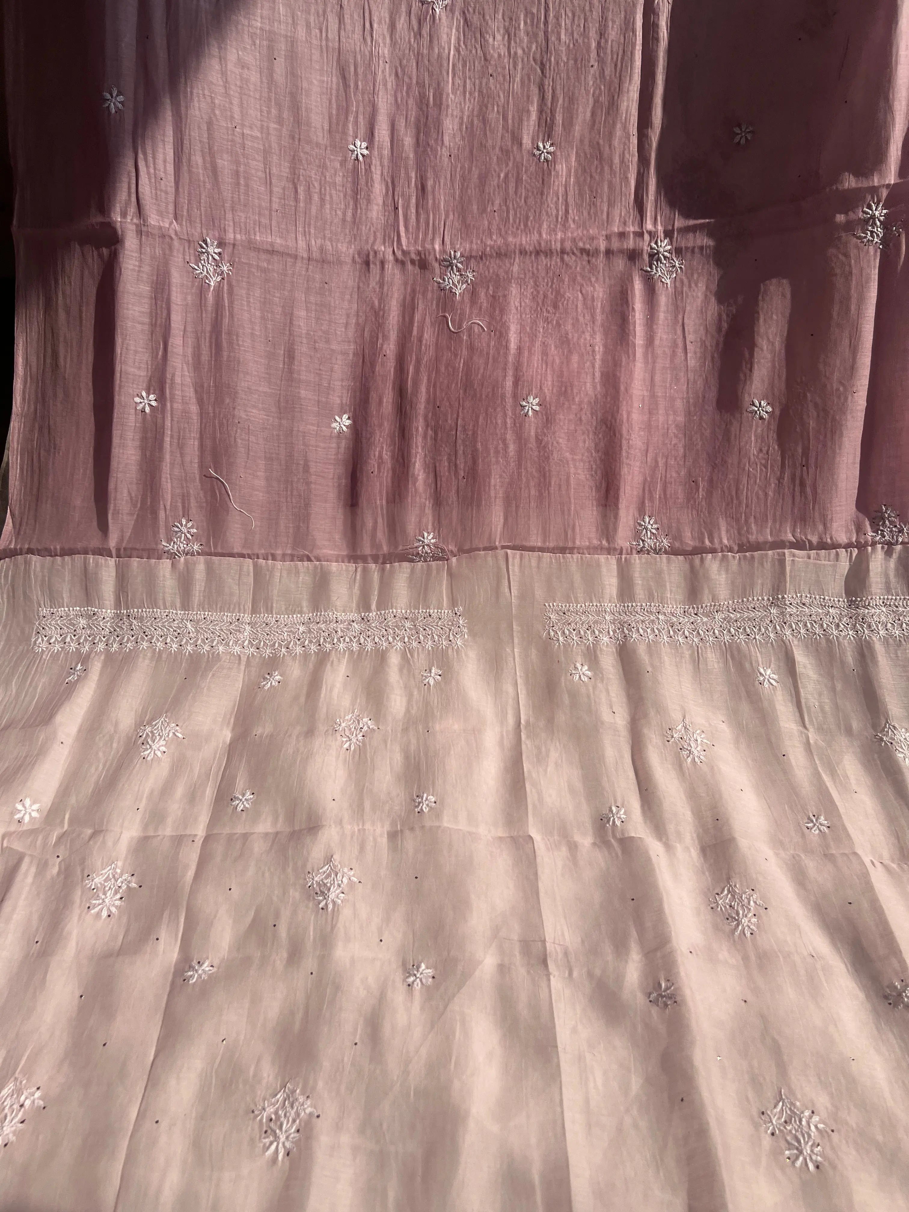 Mul Chanderi Chikankari Unstitched Length with Dupatta - Mauve Ombre ARIAA CHIKANKARI