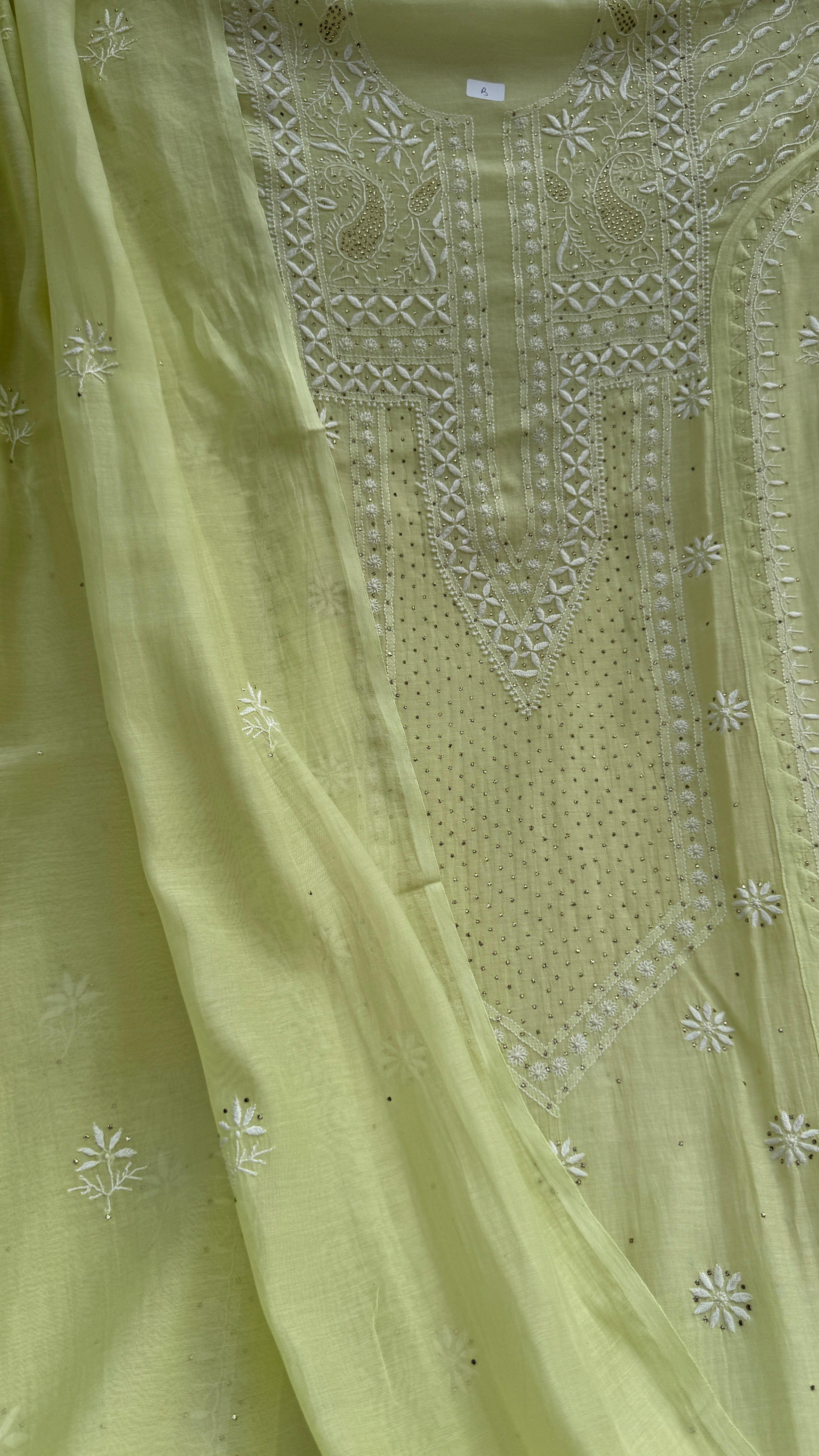 Mul Chanderi Chikankari Unstitched Length with Dupatta with Mukaish Add-On- Apple Green