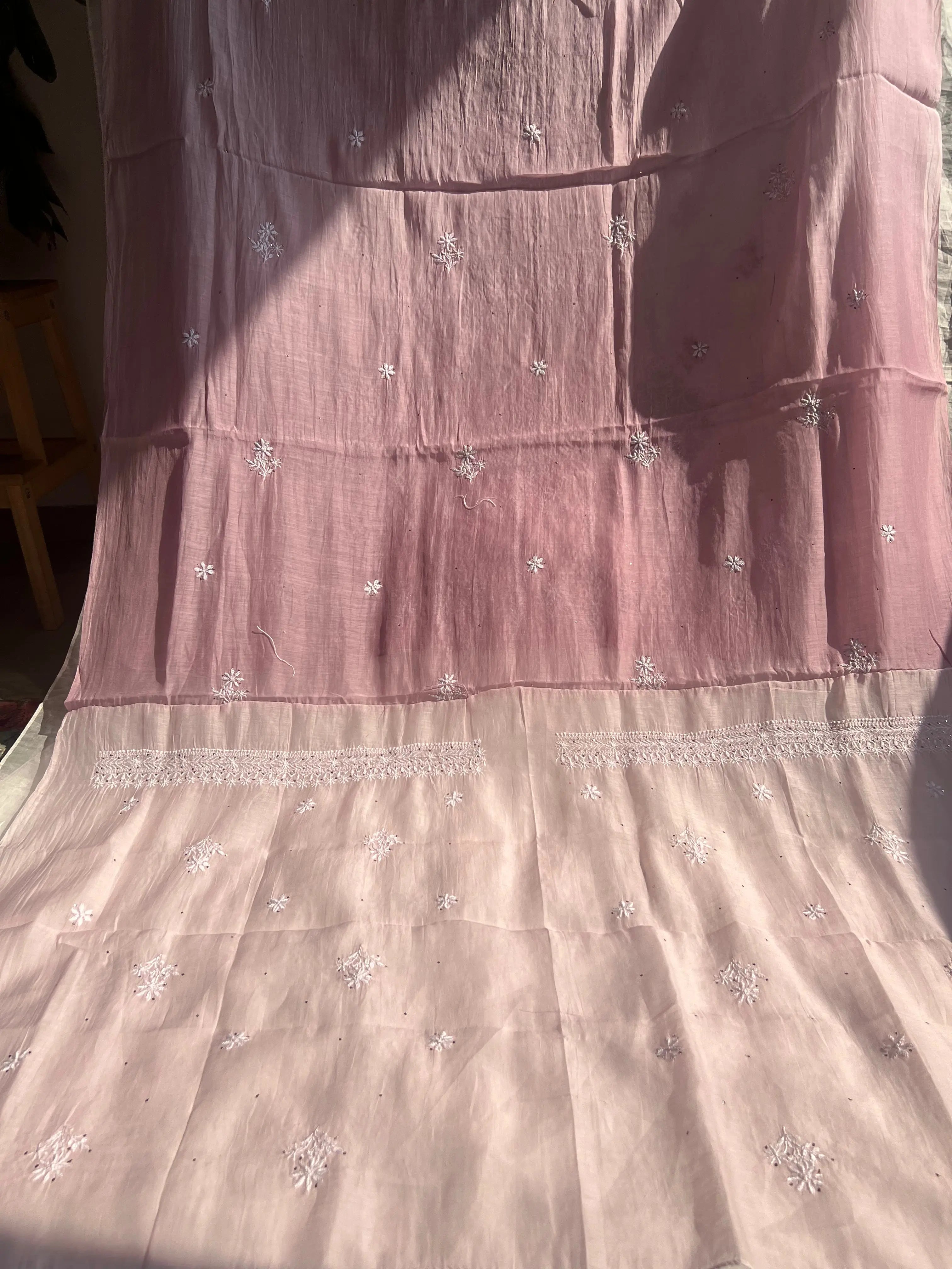 Mul Chanderi Chikankari Unstitched Length with Dupatta - Mauve Ombre ARIAA CHIKANKARI