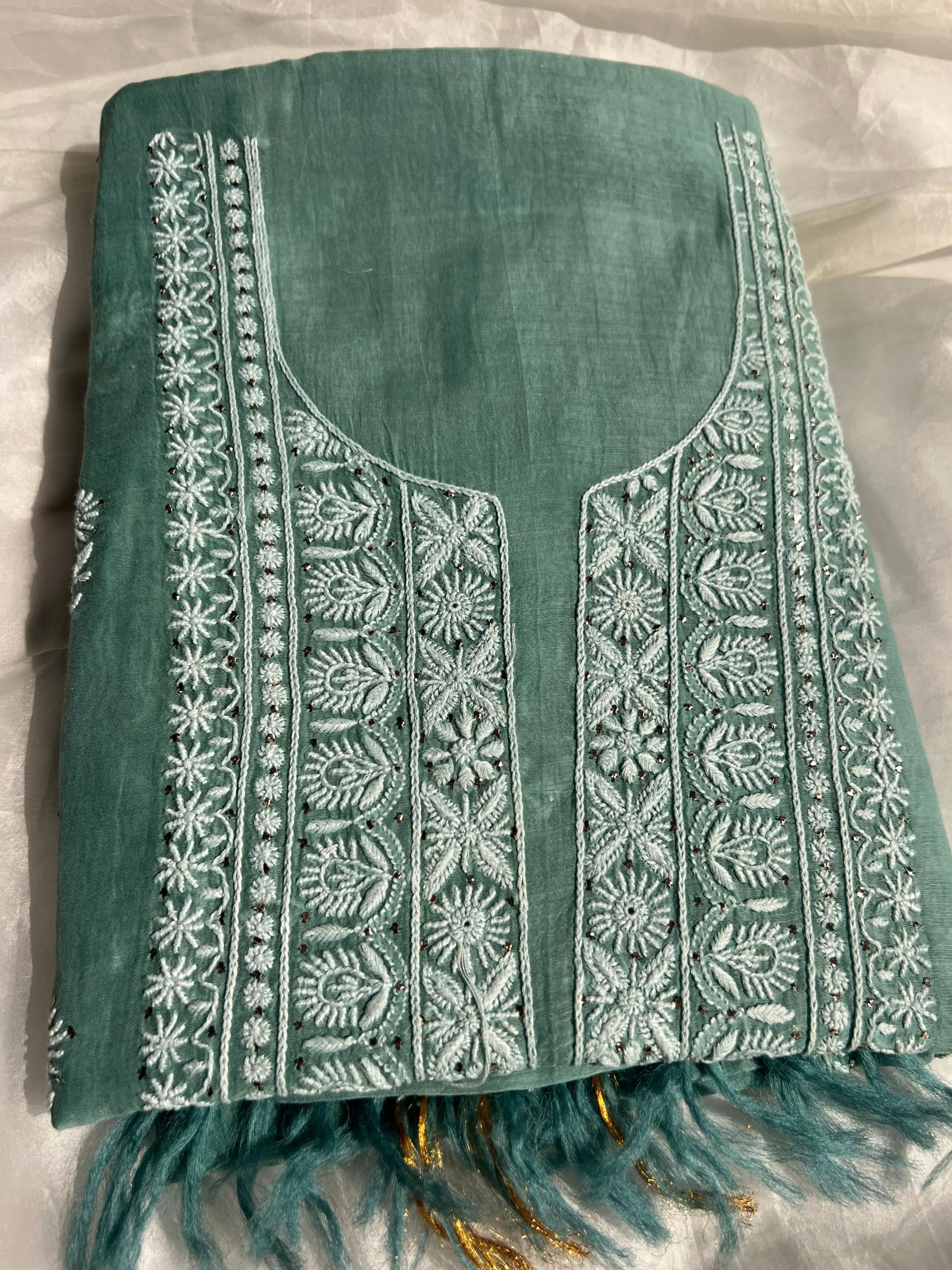 Mul Chanderi Chikankari Unstitched Length with Dupatta -Teal Blue ARIAA CHIKANKARI