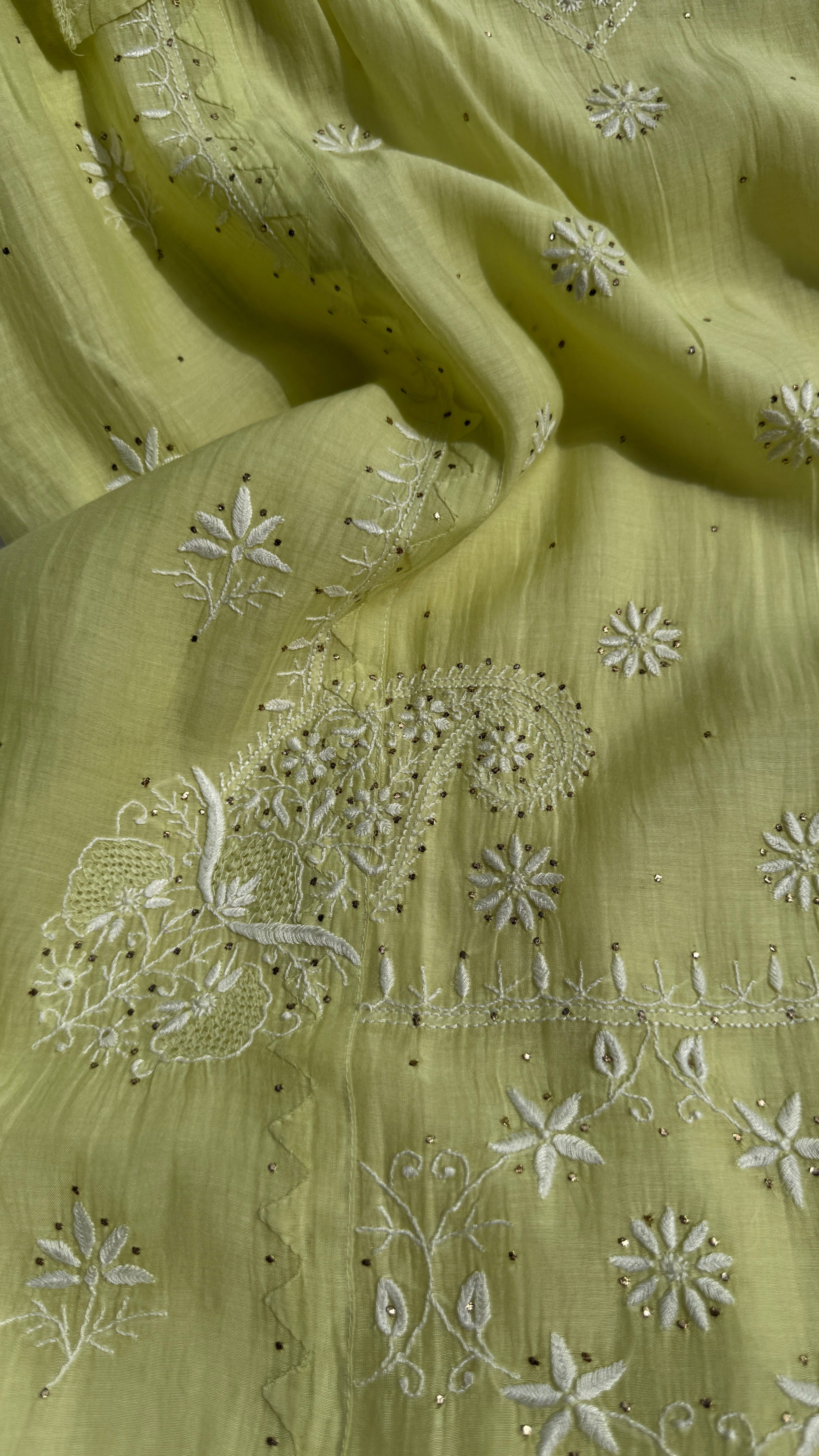 Mul Chanderi Chikankari Unstitched Length with Dupatta with Mukaish Add-On- Apple Green