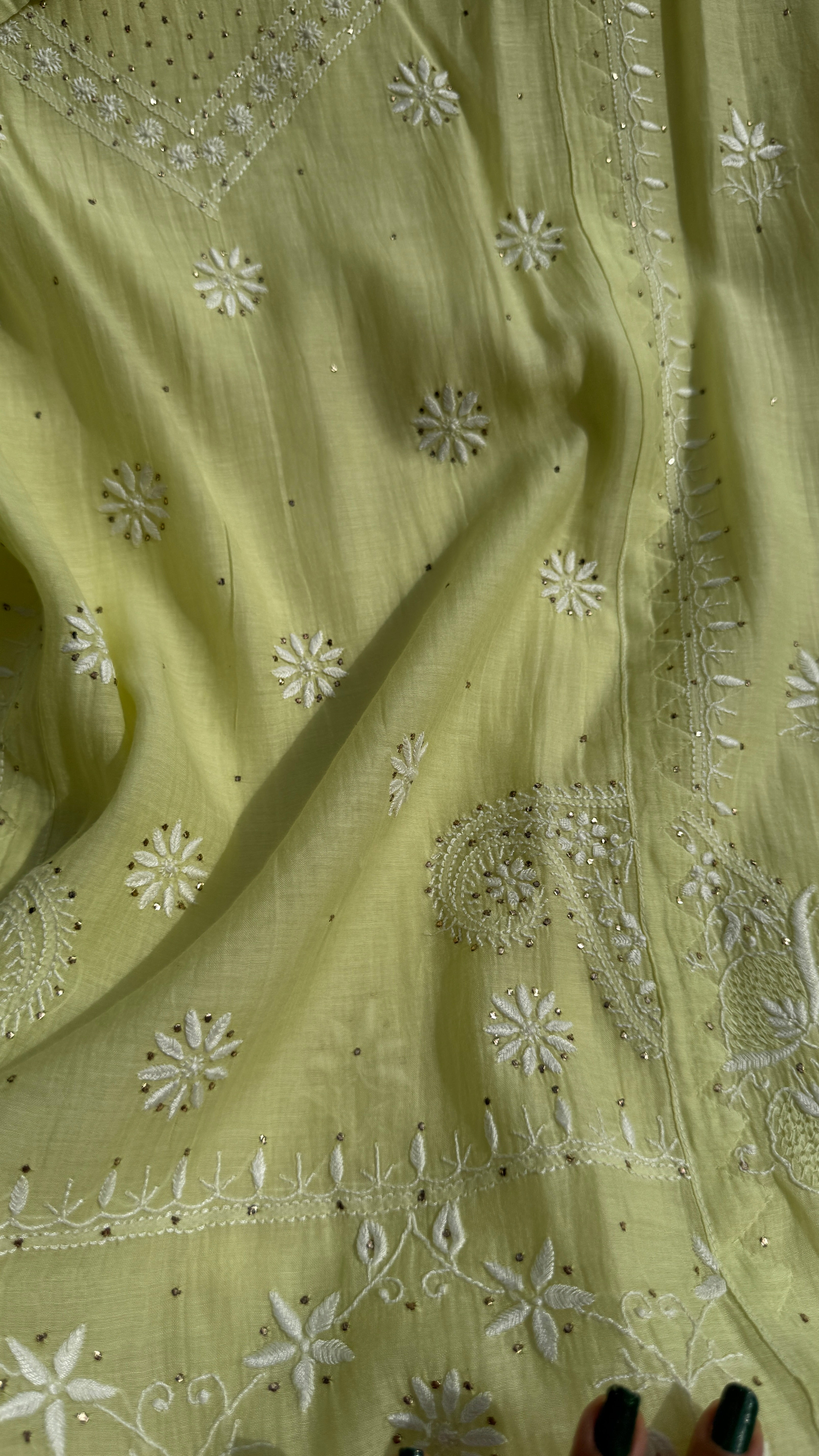 Mul Chanderi Chikankari Unstitched Length with Dupatta with Mukaish Add-On- Apple Green
