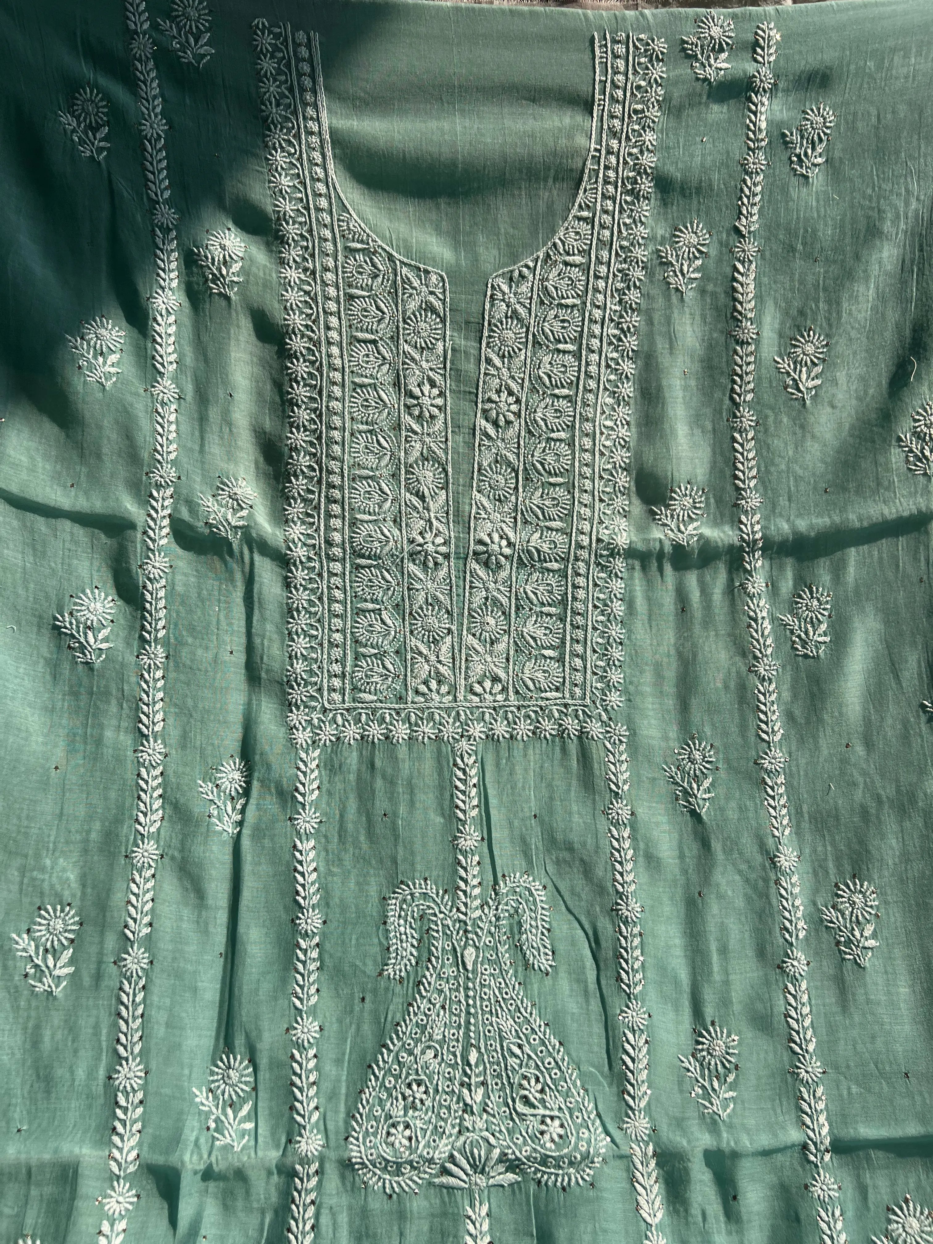 Mul Chanderi Chikankari Unstitched Length with Dupatta -Teal Blue ARIAA CHIKANKARI
