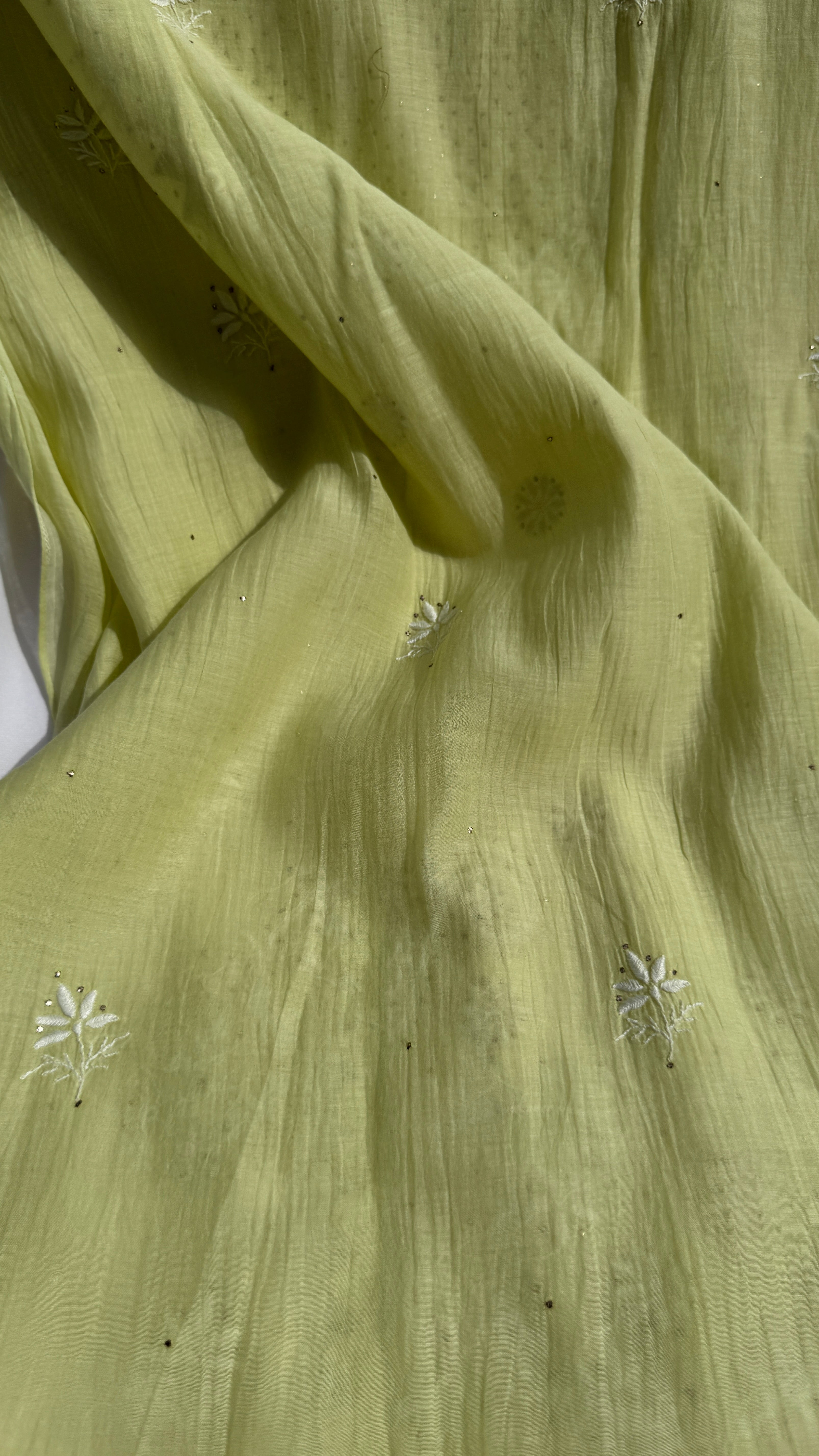 Mul Chanderi Chikankari Unstitched Length with Dupatta with Mukaish Add-On- Apple Green