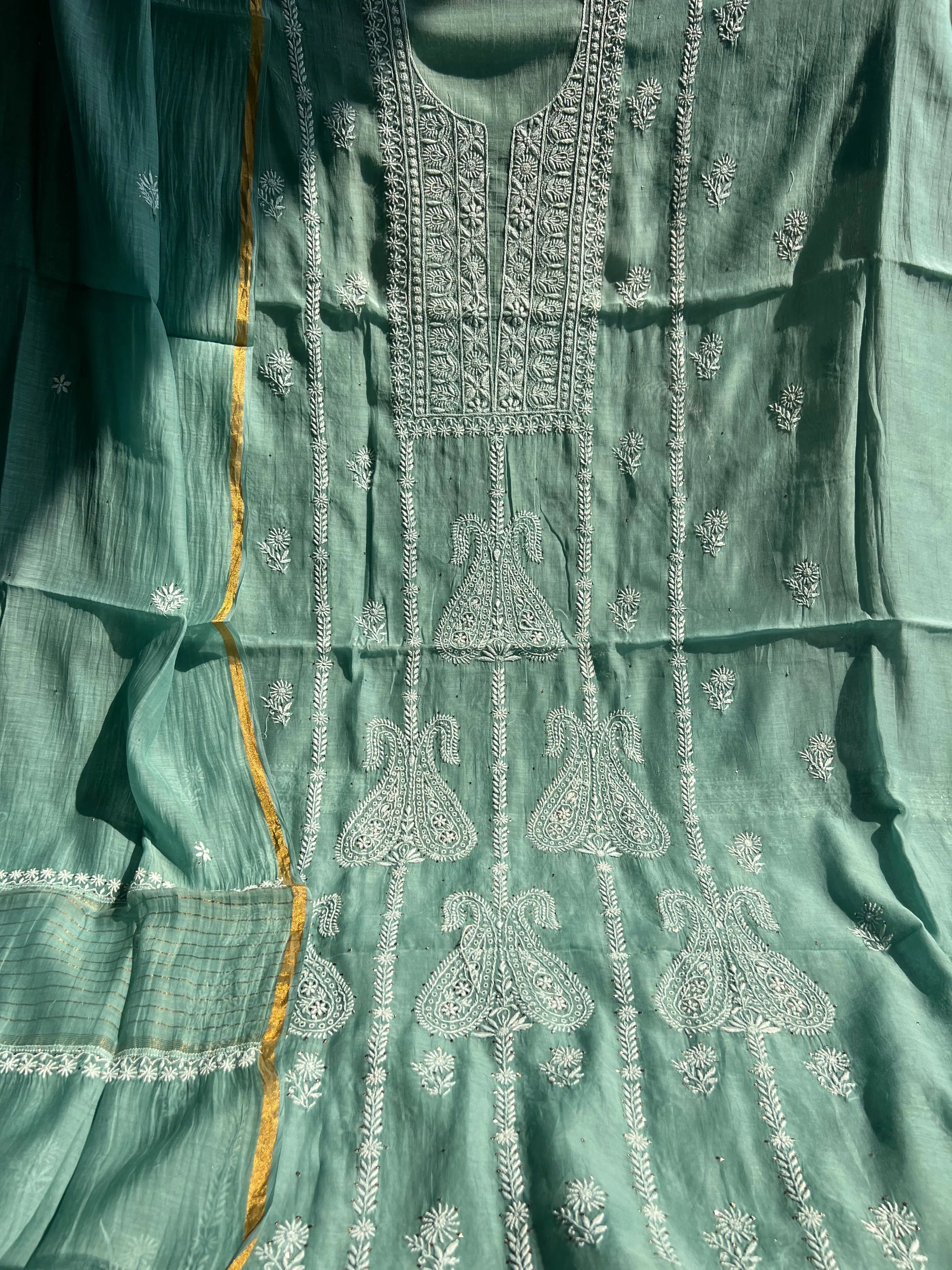 Mul Chanderi Chikankari Unstitched Length with Dupatta -Teal Blue ARIAA CHIKANKARI