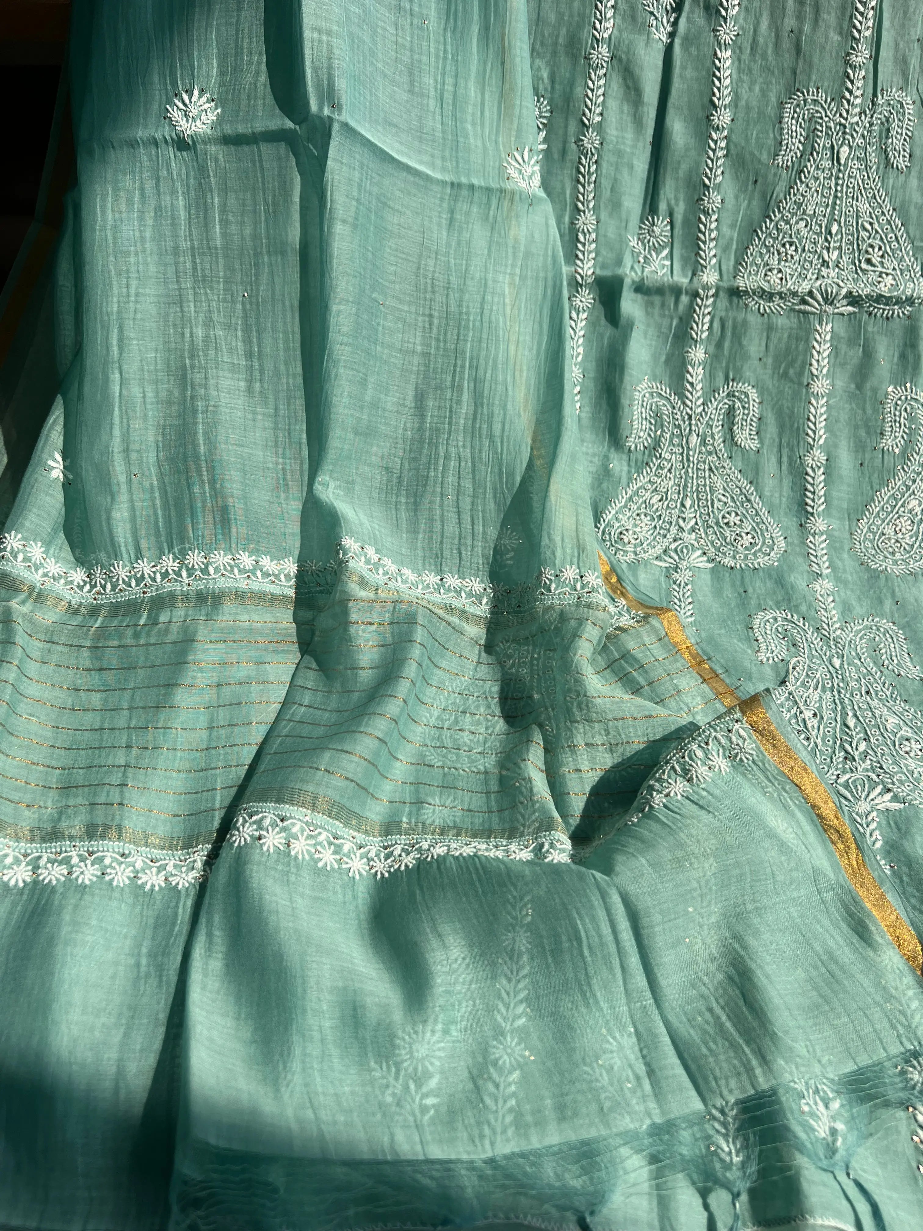 Mul Chanderi Chikankari Unstitched Length with Dupatta -Teal Blue ARIAA CHIKANKARI