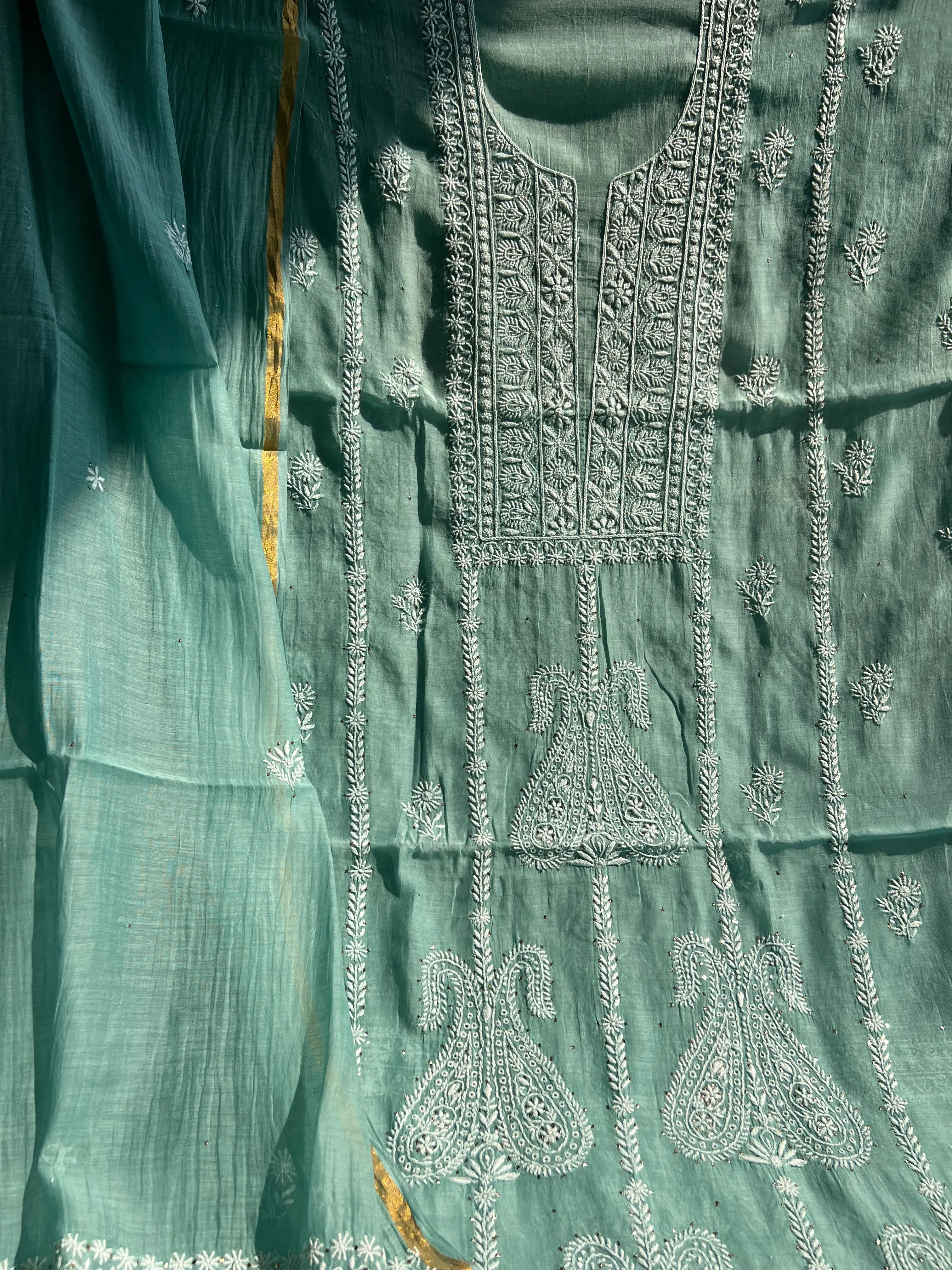 Mul Chanderi Chikankari Unstitched Length with Dupatta -Teal Blue ARIAA CHIKANKARI