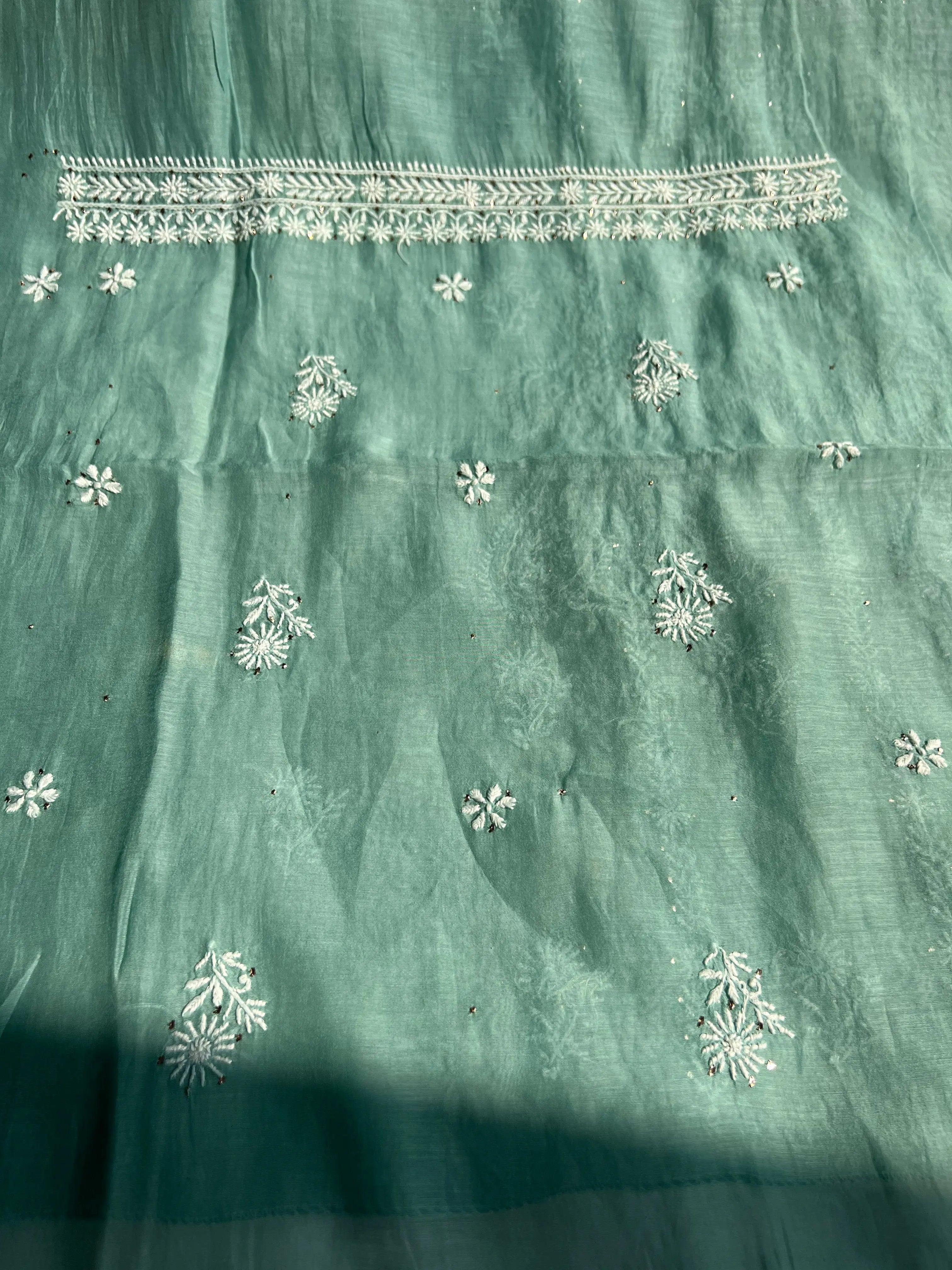 Mul Chanderi Chikankari Unstitched Length with Dupatta -Teal Blue ARIAA CHIKANKARI