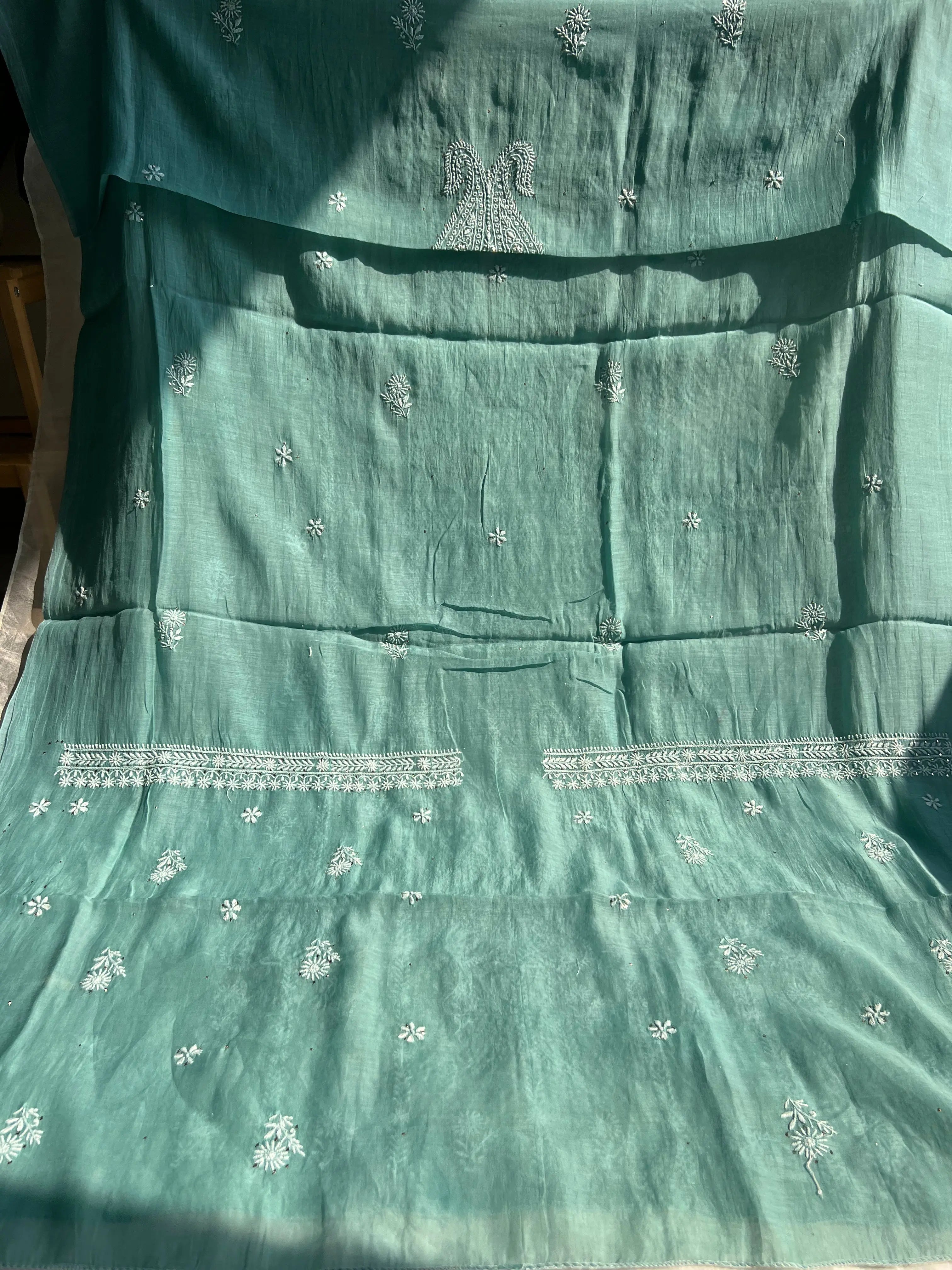 Mul Chanderi Chikankari Unstitched Length with Dupatta -Teal Blue ARIAA CHIKANKARI