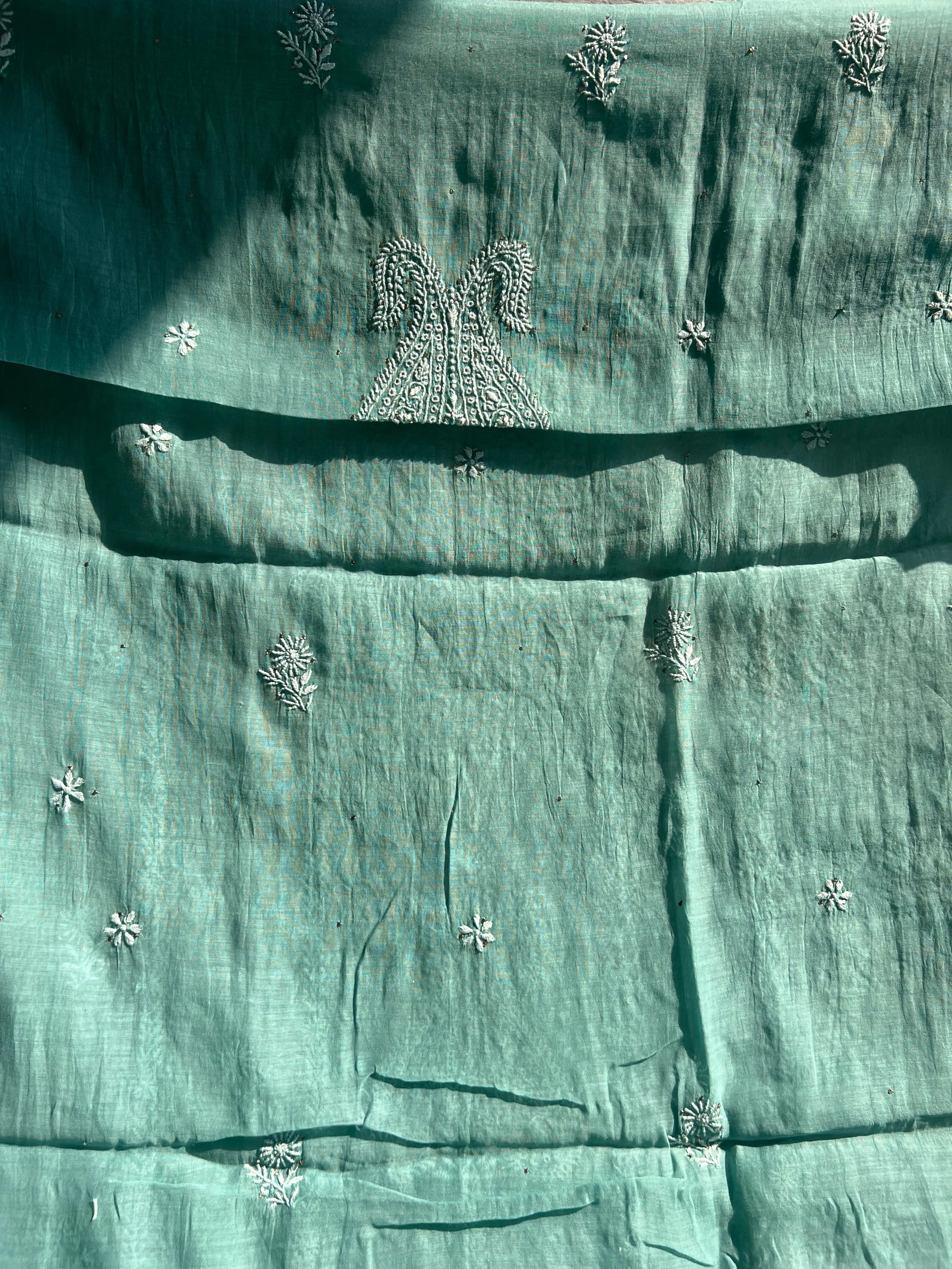Mul Chanderi Chikankari Unstitched Length with Dupatta -Teal Blue ARIAA CHIKANKARI