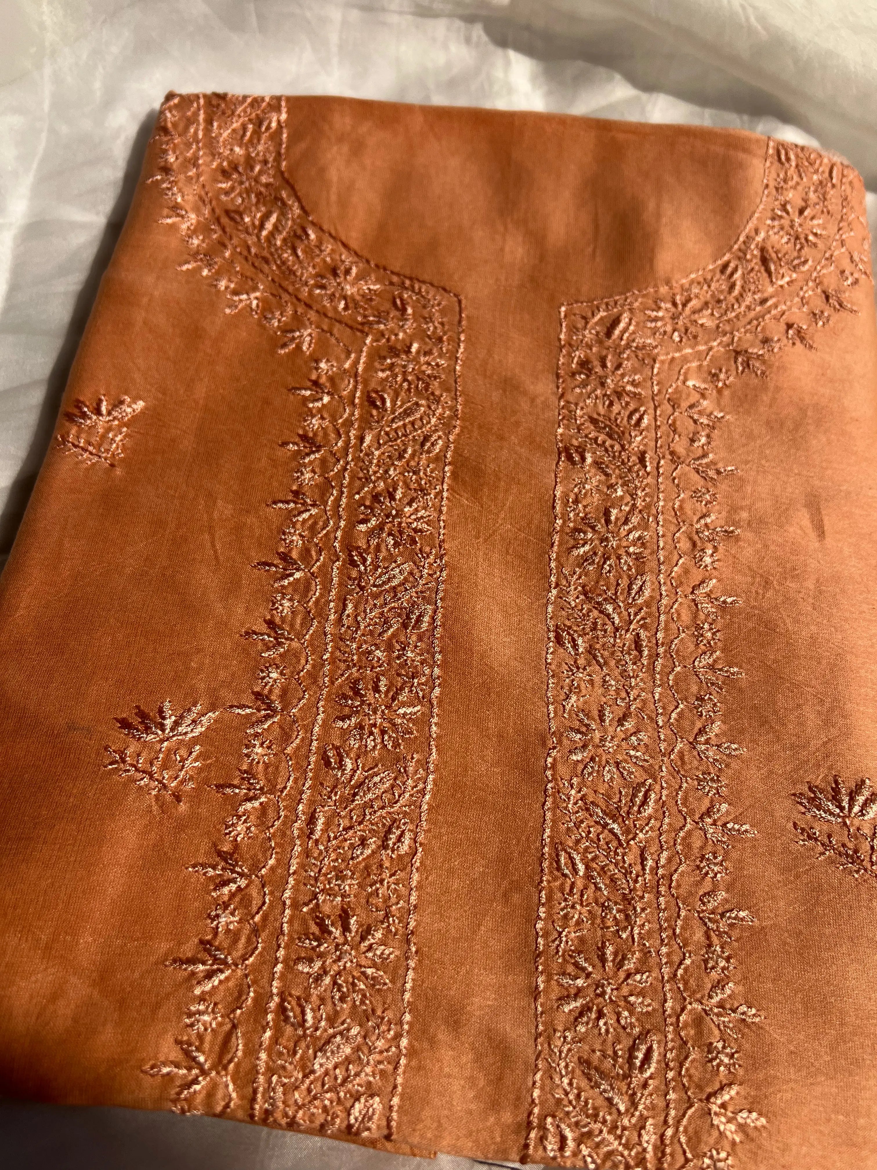 Chanderi Chikankari Kurta Length - Mens- Orange ARIAA CHIKANKARI