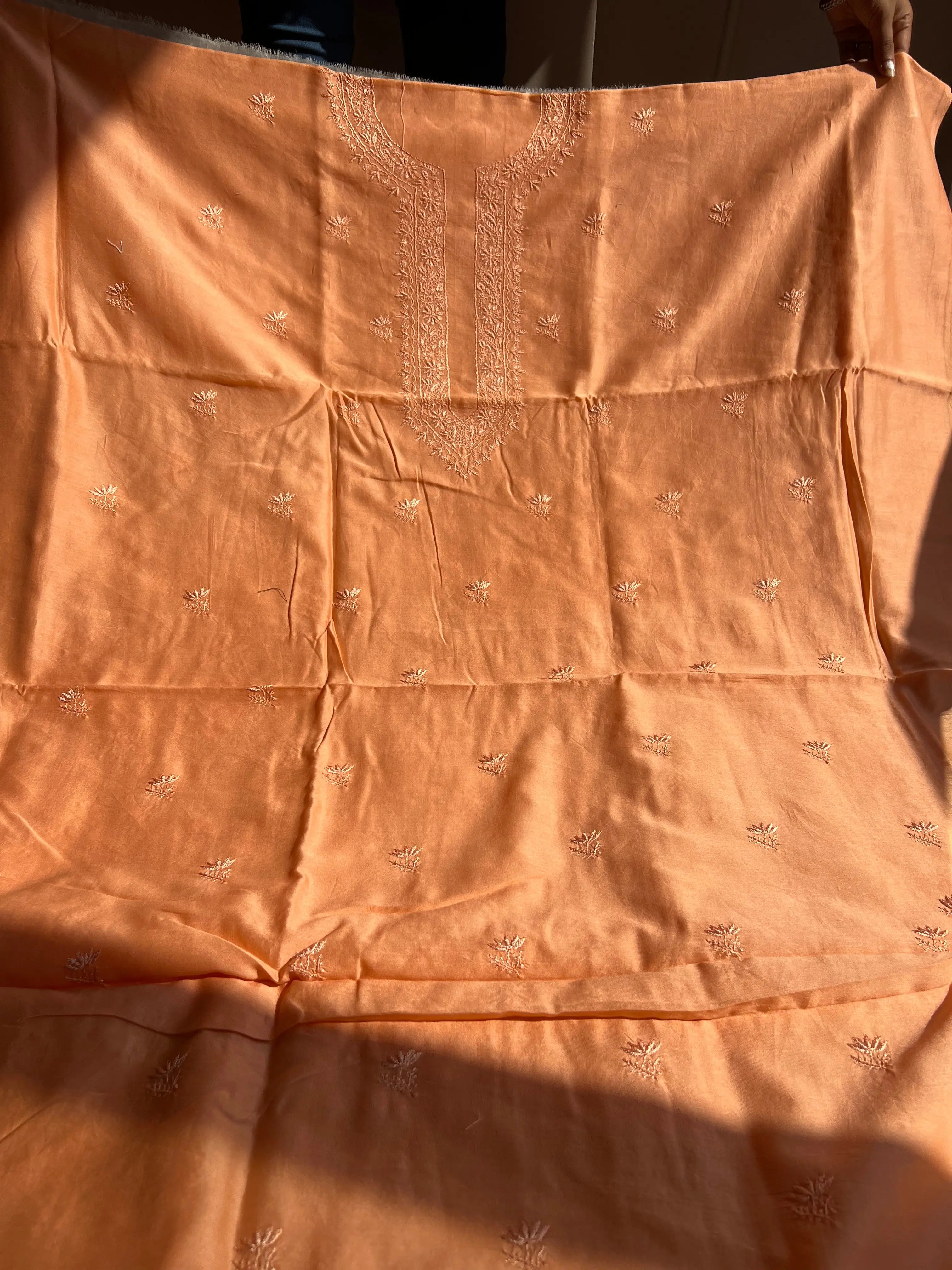 Chanderi Chikankari Kurta Length - Mens- Orange ARIAA CHIKANKARI