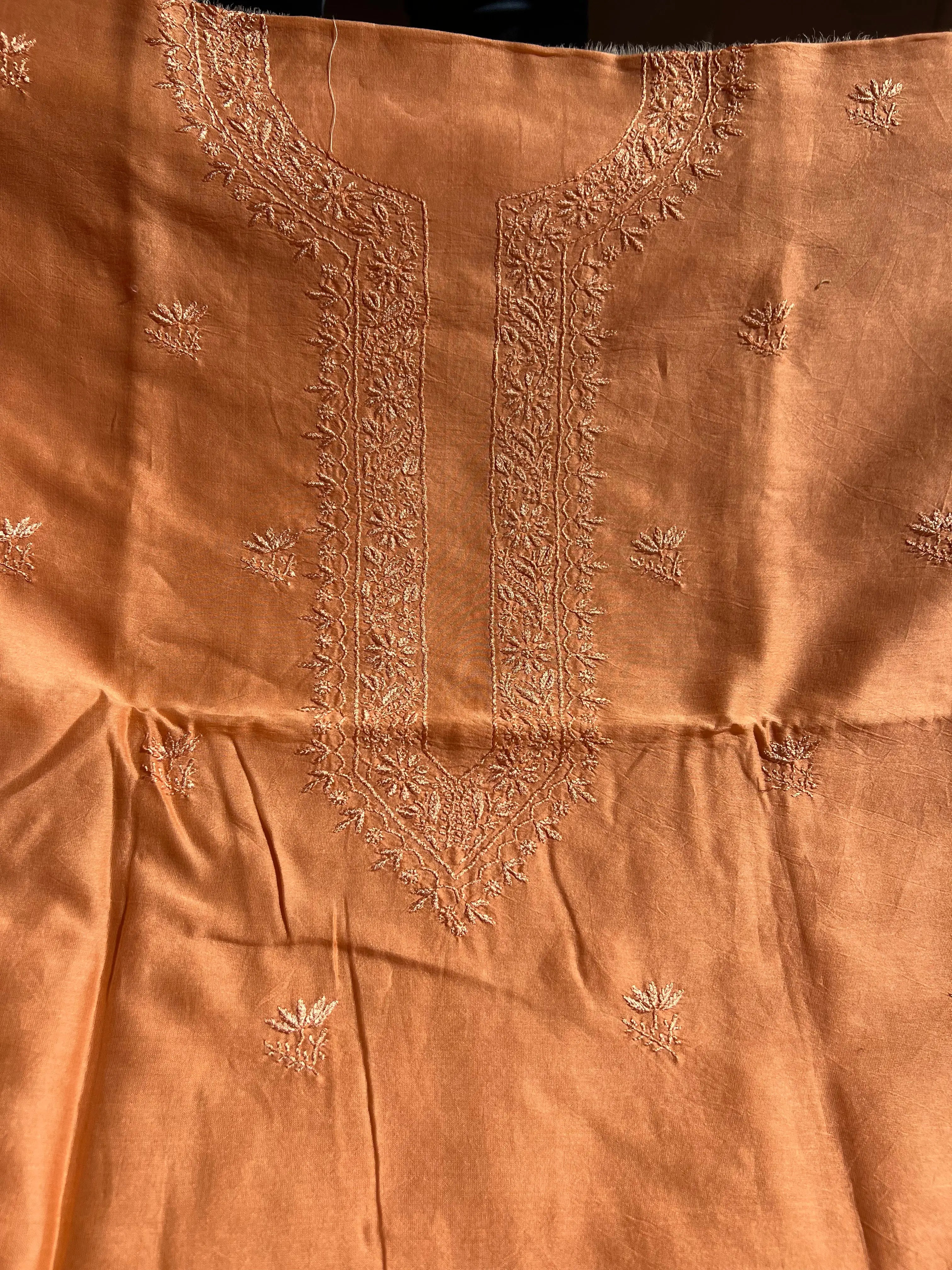 Chanderi Chikankari Kurta Length - Mens- Orange ARIAA CHIKANKARI