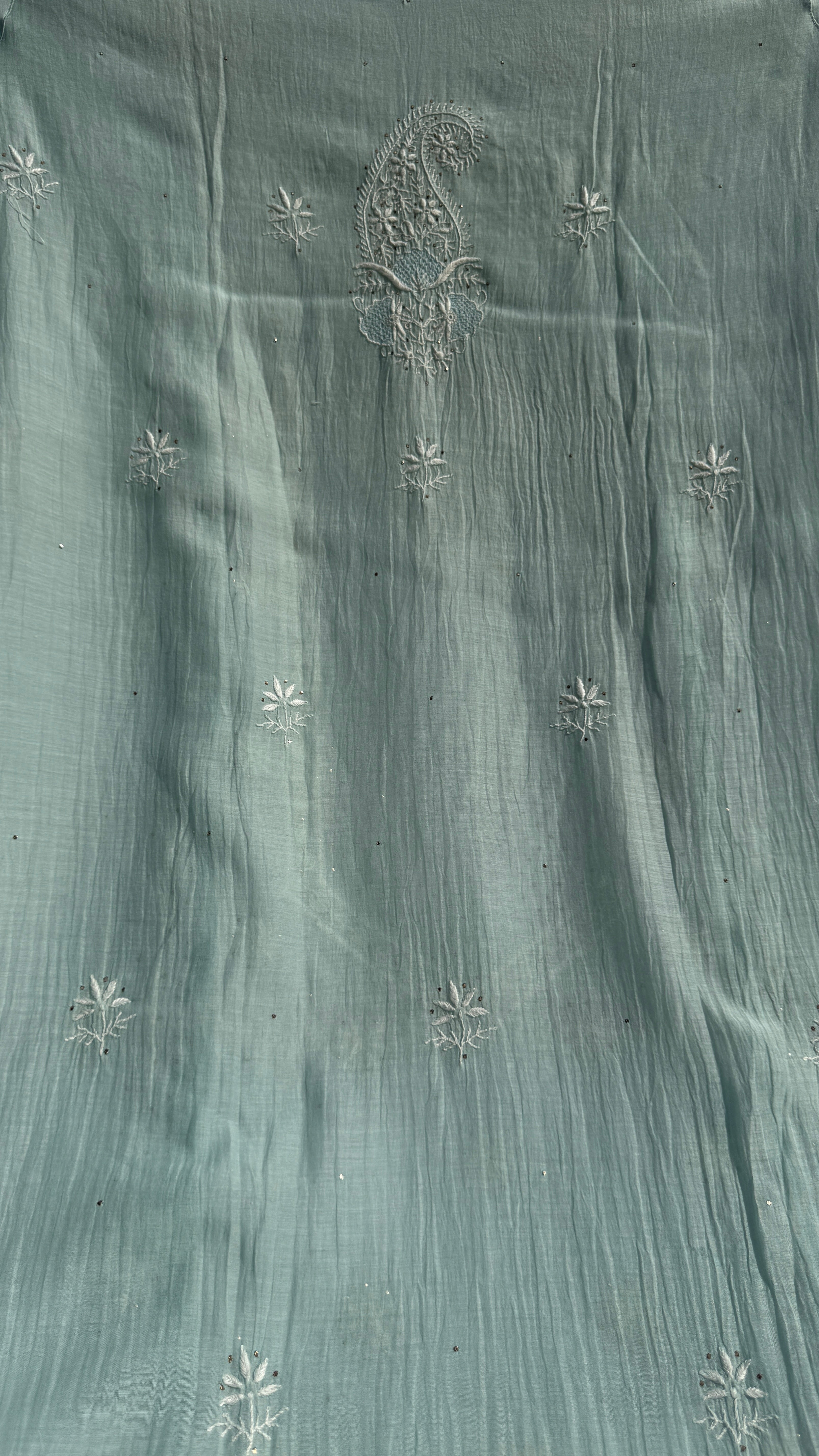 Mul Chanderi Chikankari Unstitched Length with Dupatta with Mukaish Add-On- Sea Blue