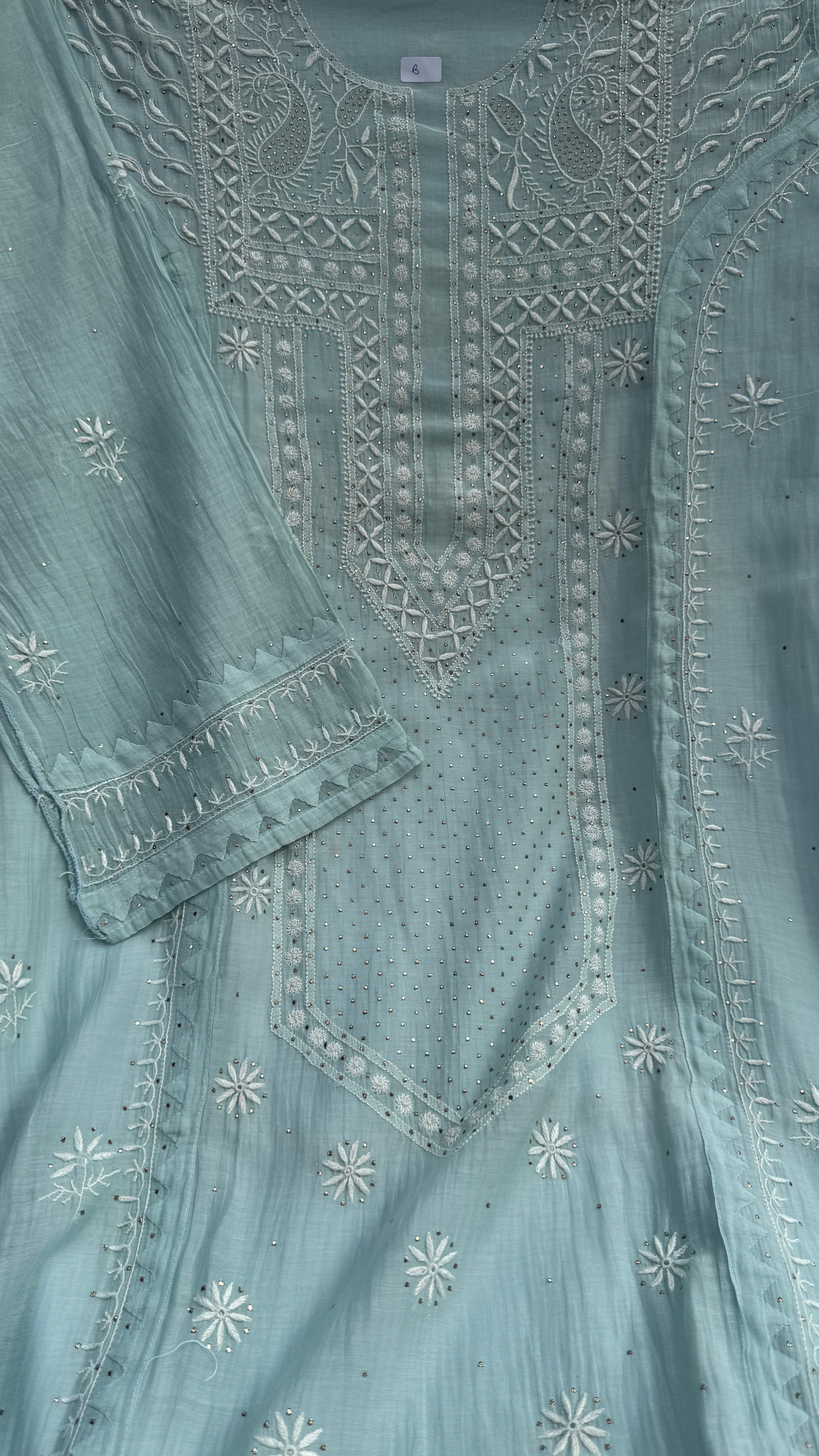 Mul Chanderi Chikankari Unstitched Length with Dupatta with Mukaish Add-On- Sea Blue