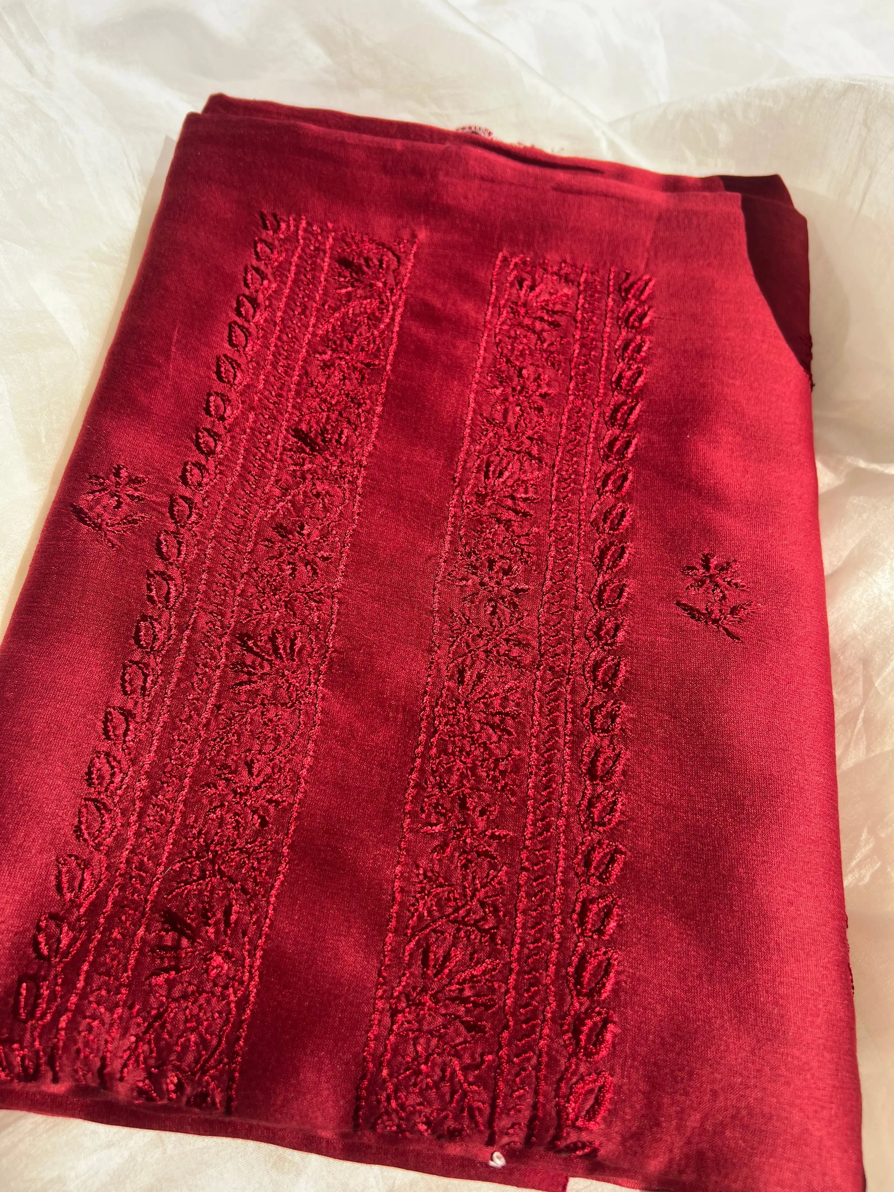 Chanderi Chikankari Kurta Length - Mens- Maroon ARIAA CHIKANKARI