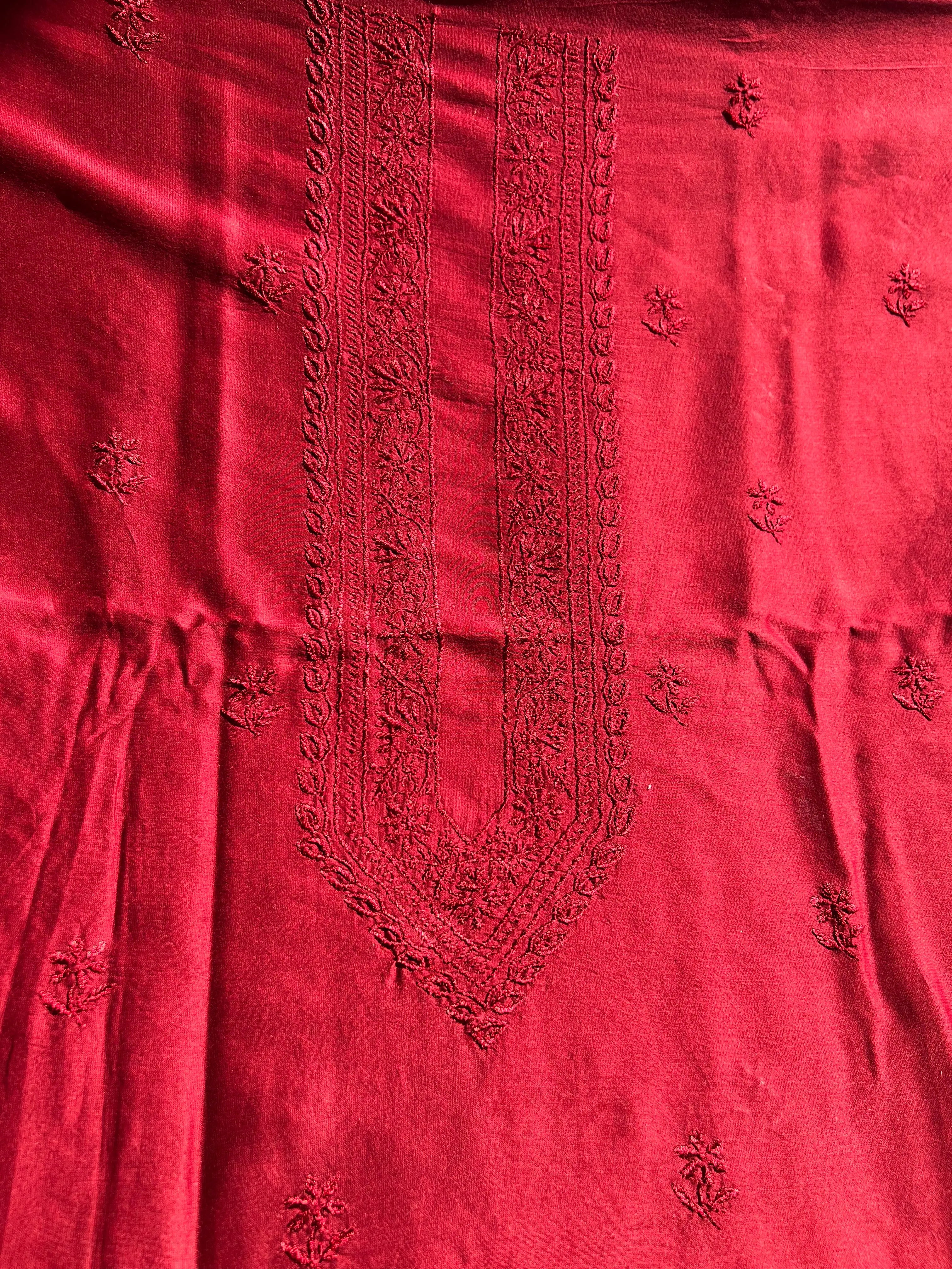 Chanderi Chikankari Kurta Length - Mens- Maroon ARIAA CHIKANKARI