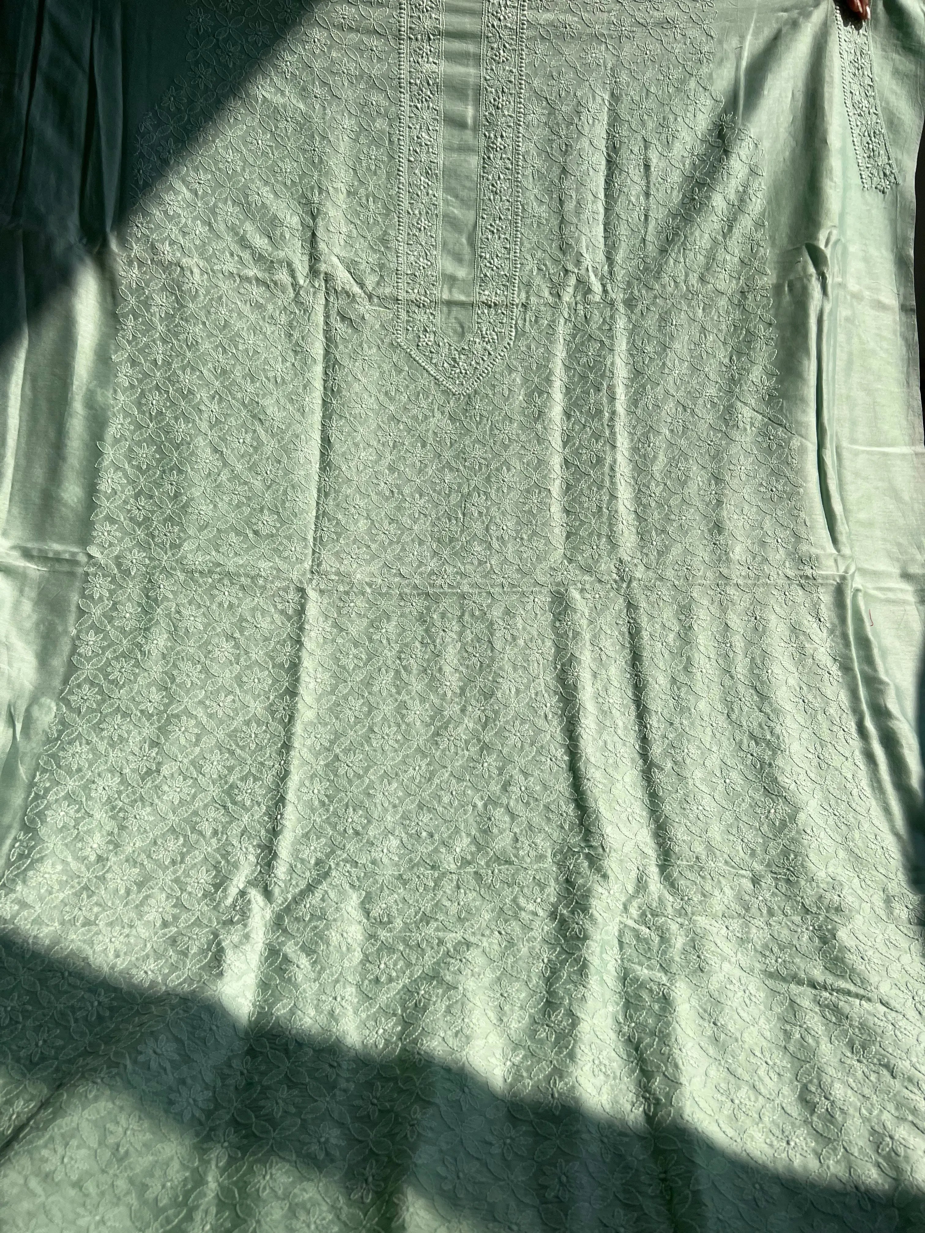 Chanderi Chikankari Kurta Length - Mens- Green ARIAA CHIKANKARI