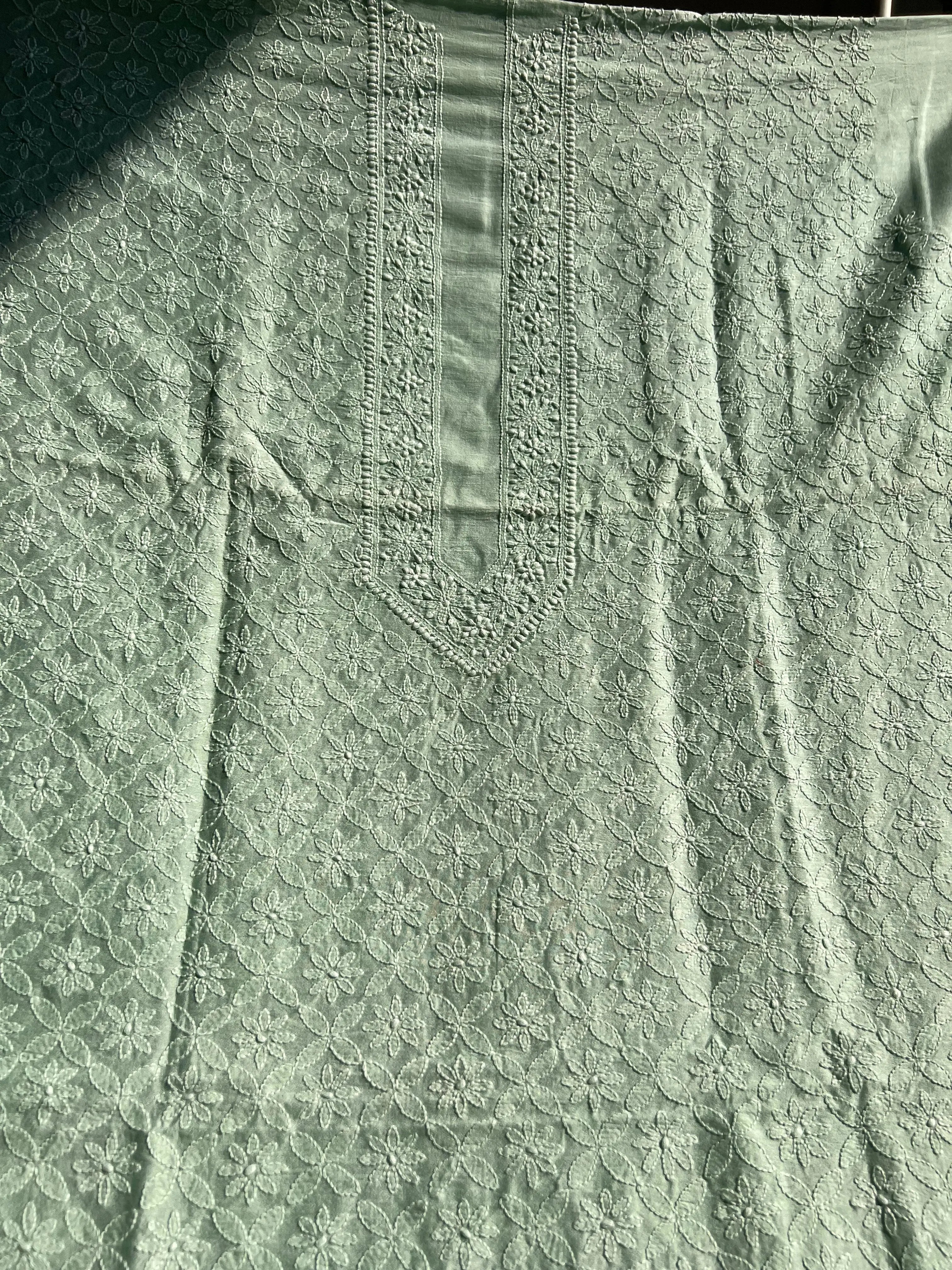 Chanderi Chikankari Kurta Length - Mens- Green ARIAA CHIKANKARI