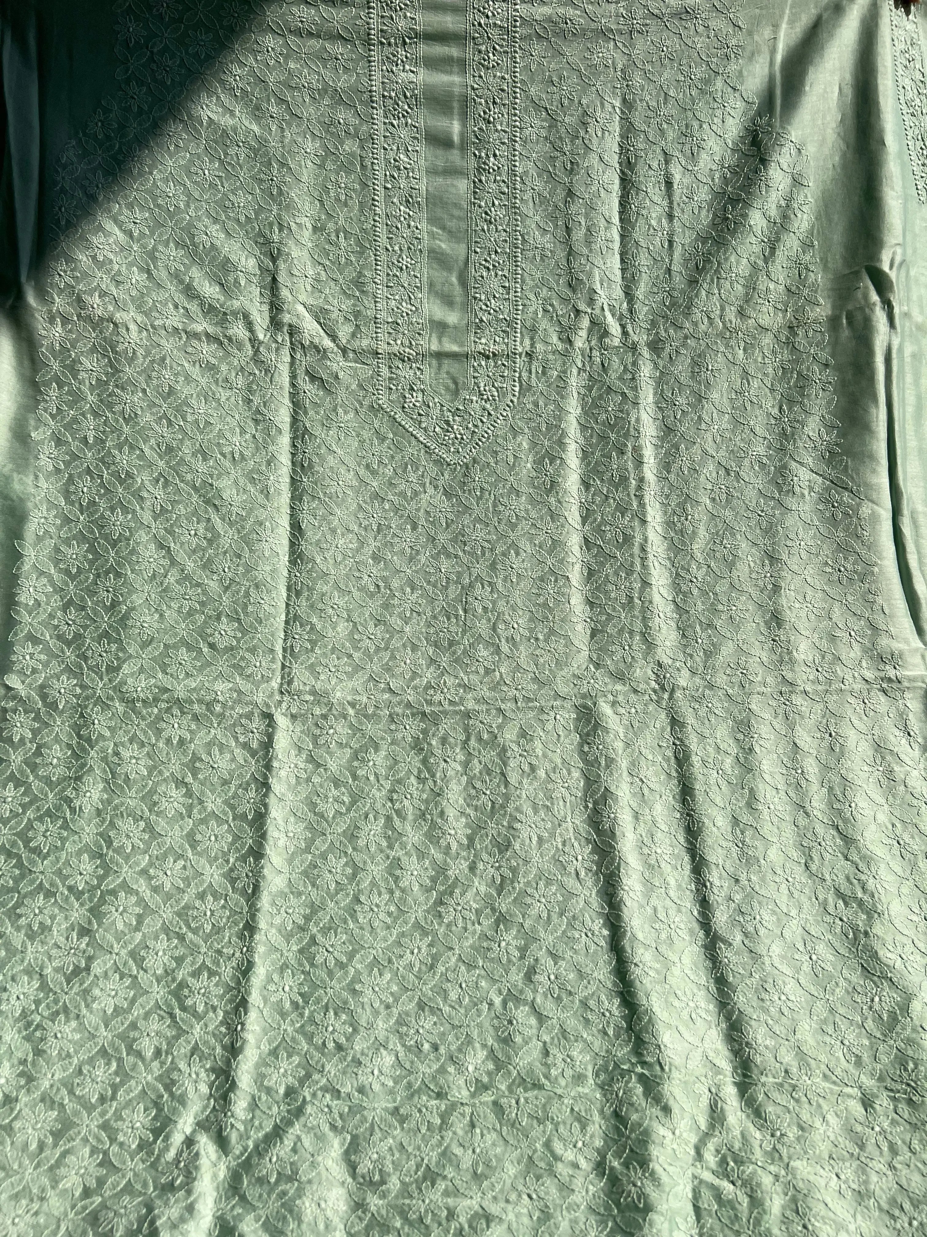 Chanderi Chikankari Kurta Length - Mens- Green ARIAA CHIKANKARI