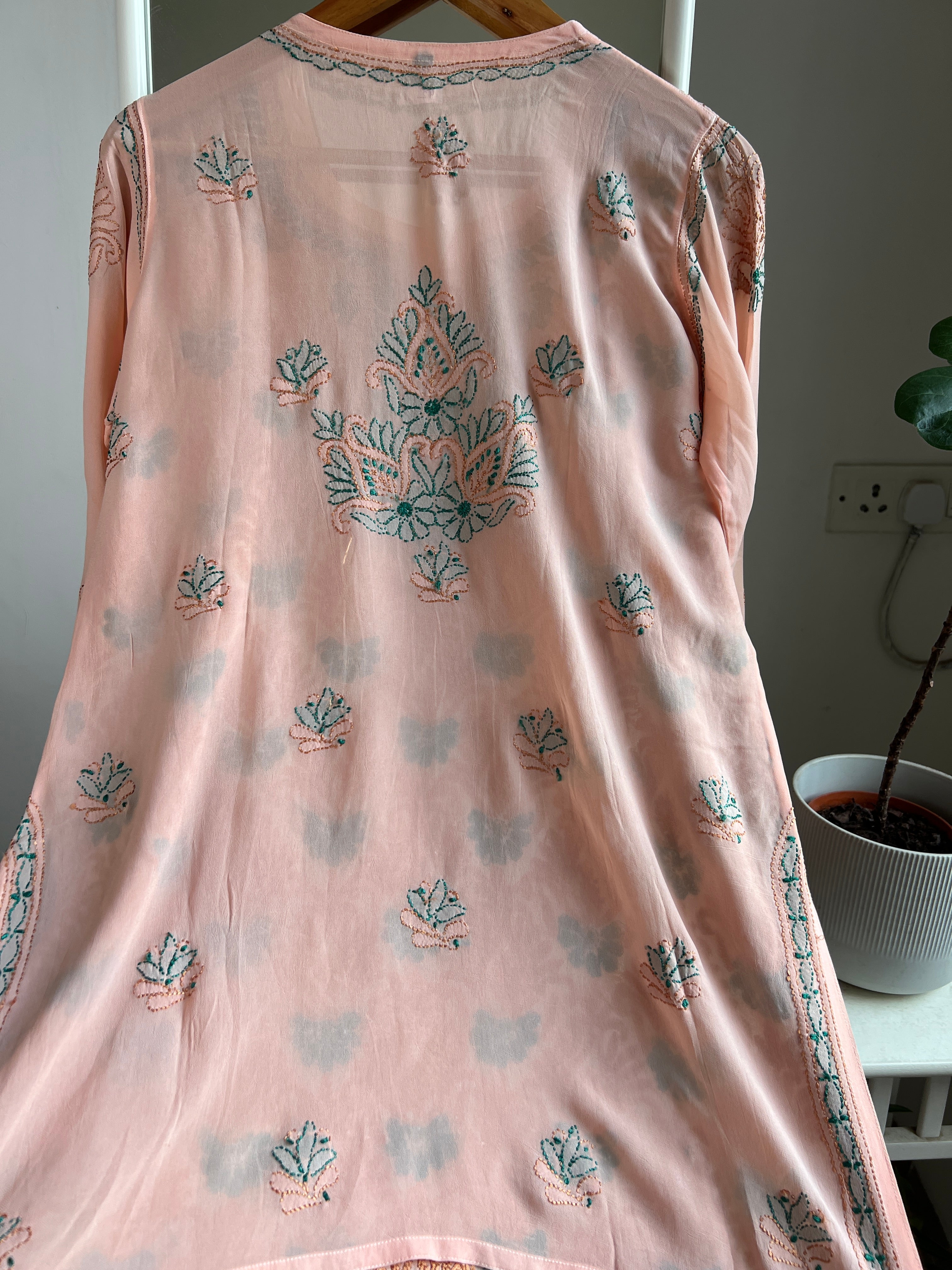 Chikankari Viscose Georgette short Top in Peach Multi Thread ARIAA CHIKANKARI