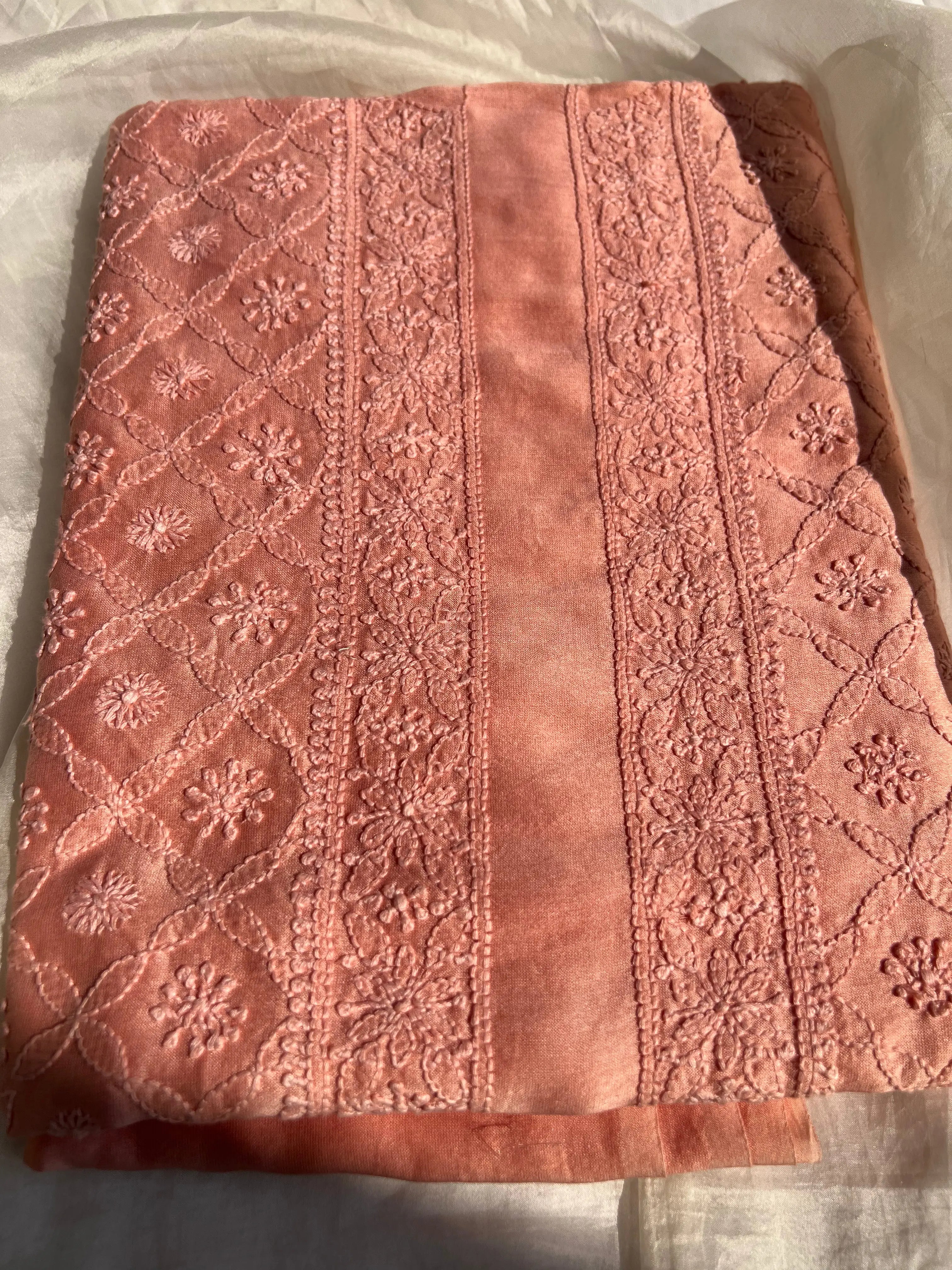 Chanderi Chikankari Kurta Length - Mens- Deep Peach ARIAA CHIKANKARI