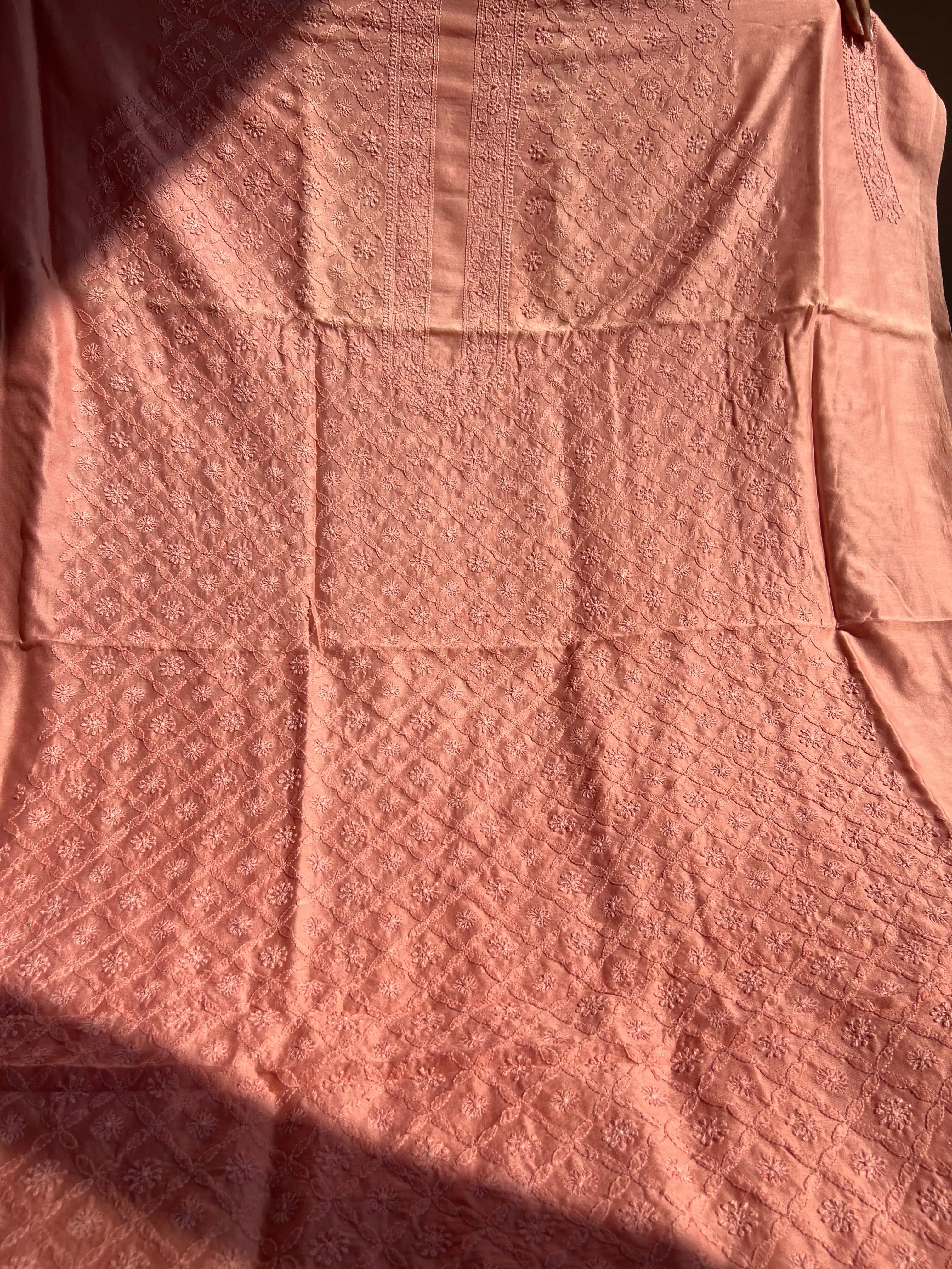 Chanderi Chikankari Kurta Length - Mens- Deep Peach ARIAA CHIKANKARI
