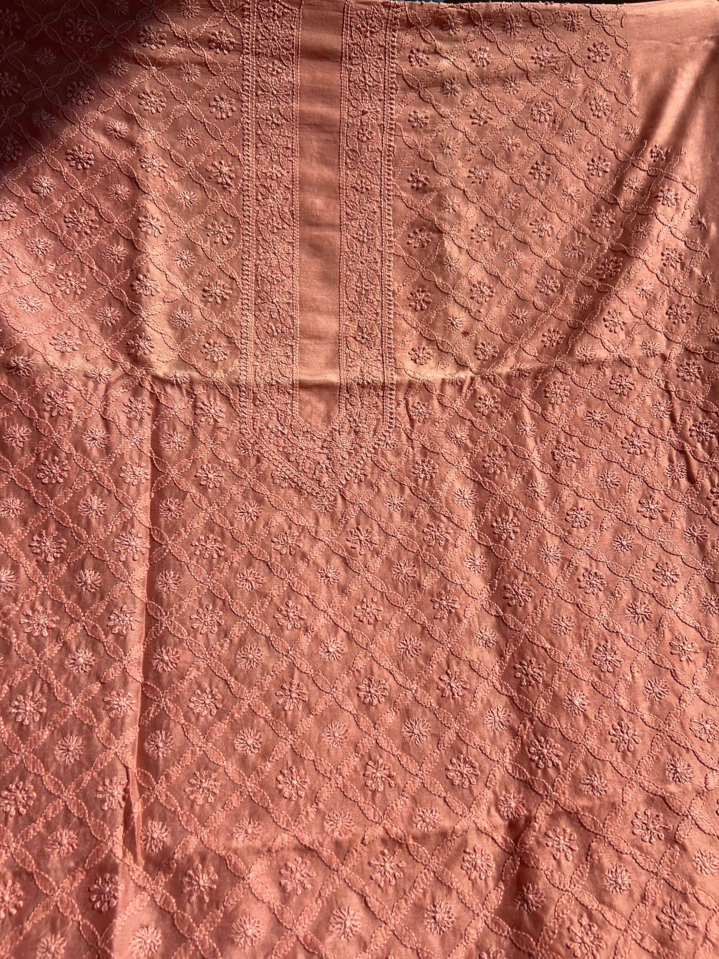 Chanderi Chikankari Kurta Length - Mens- Deep Peach ARIAA CHIKANKARI