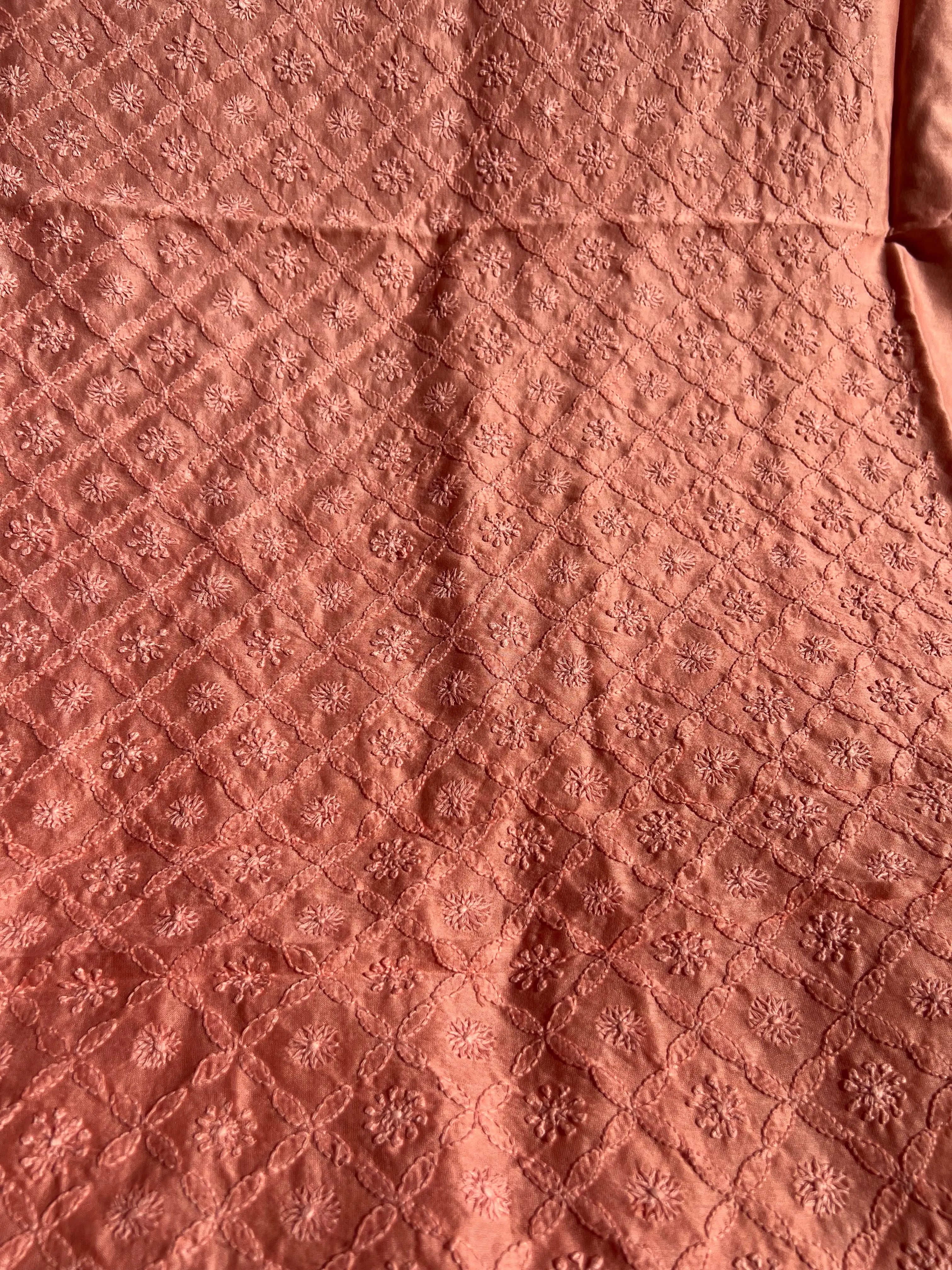 Chanderi Chikankari Kurta Length - Mens- Deep Peach ARIAA CHIKANKARI