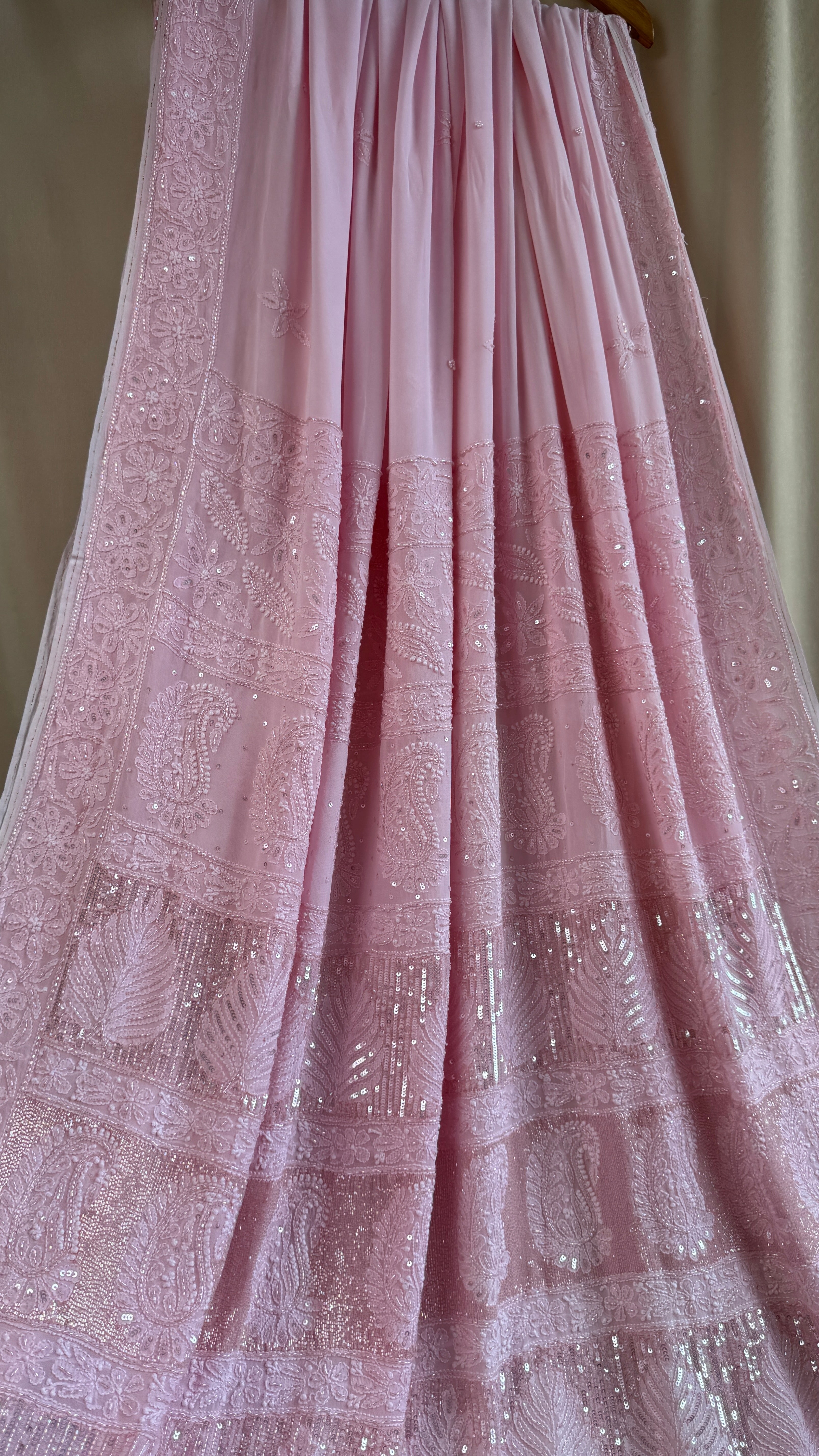 Viscose Chikankari saree with Pearl embellishments - Pink
