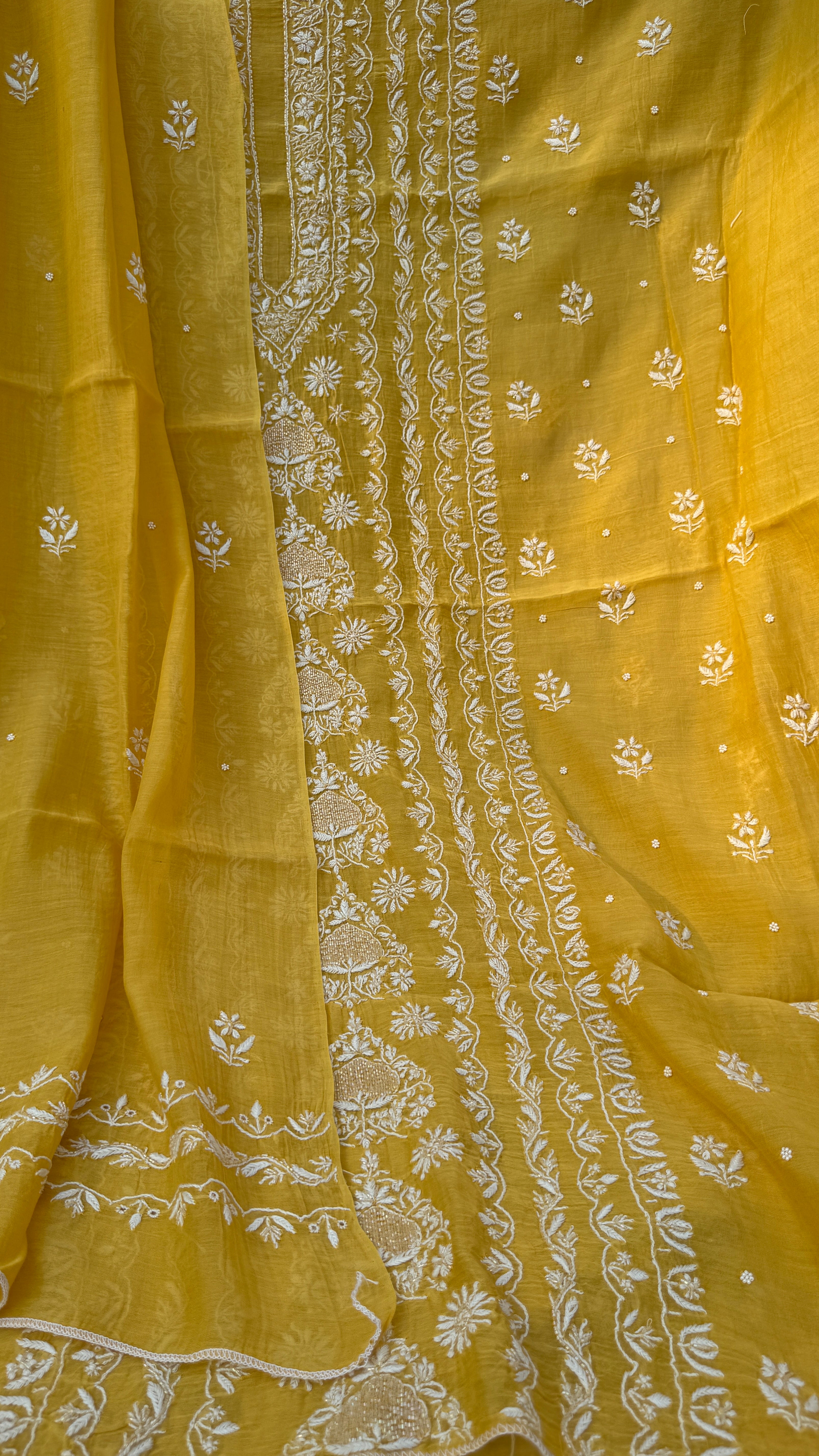 Mul Chanderi Chikankari Unstitched Length with Dupatta - Yellow