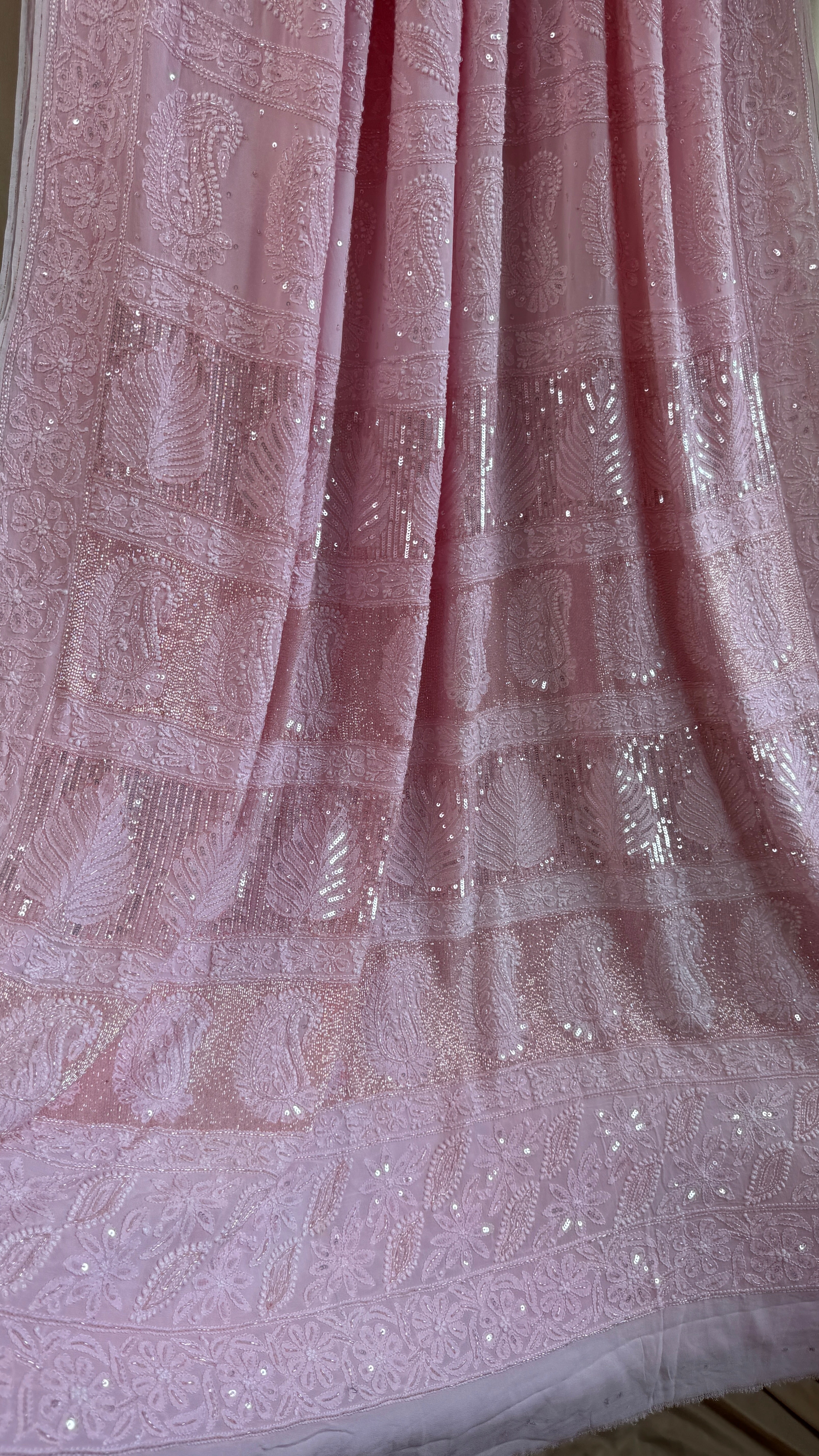 Viscose Chikankari saree with Pearl embellishments - Pink