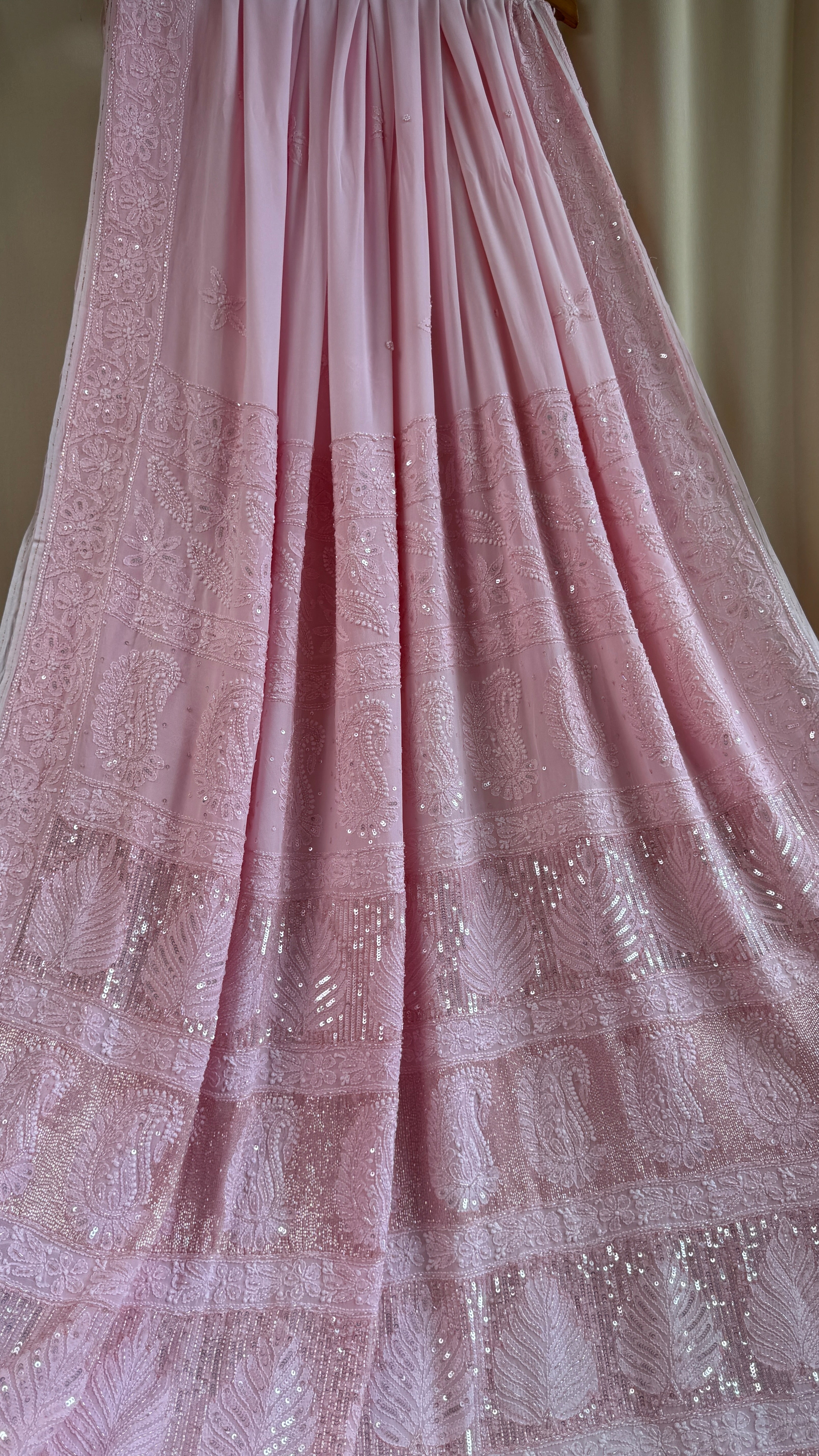 Viscose Chikankari saree with Pearl embellishments - Pink