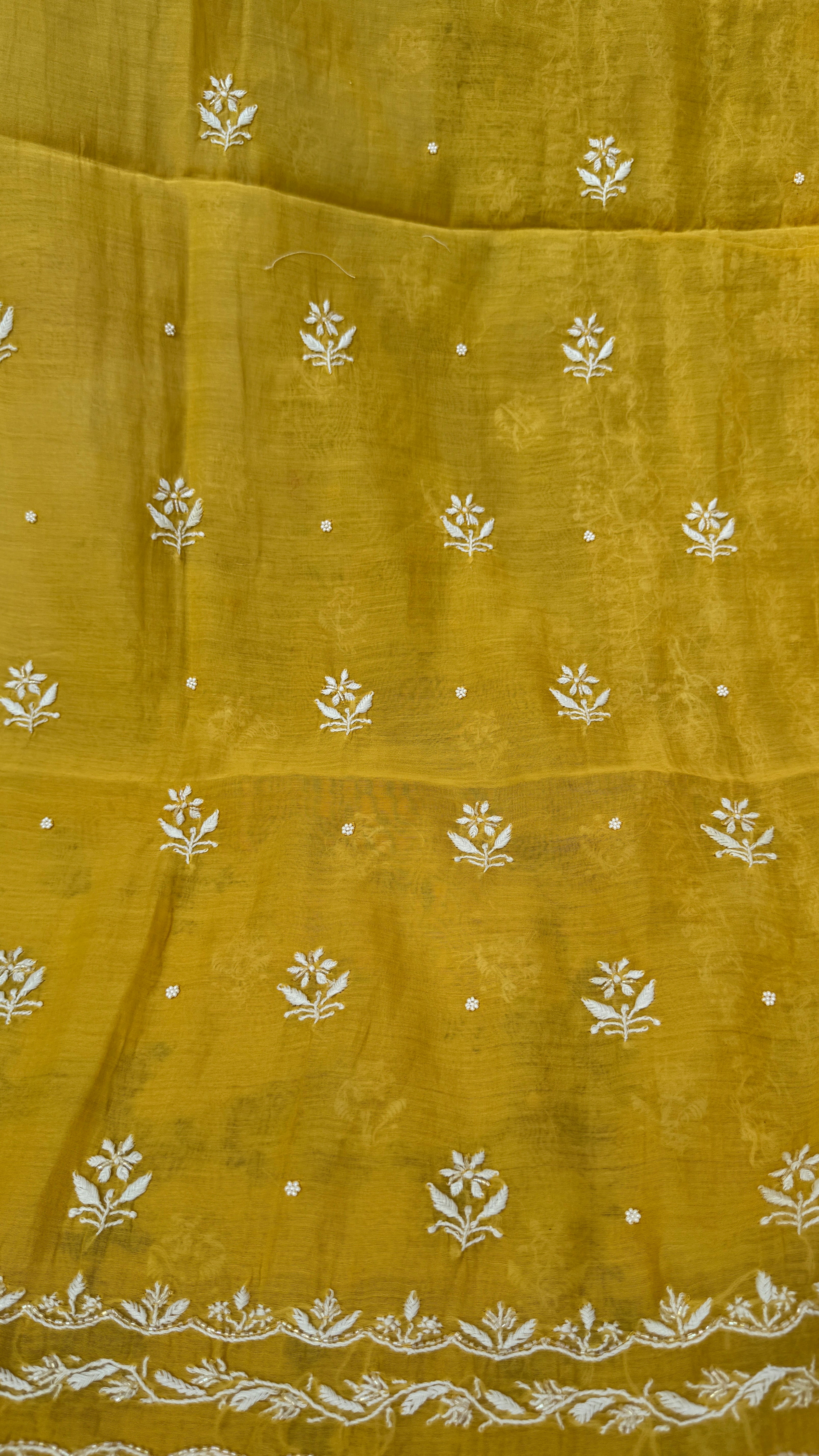 Mul Chanderi Chikankari Unstitched Length with Dupatta - Yellow