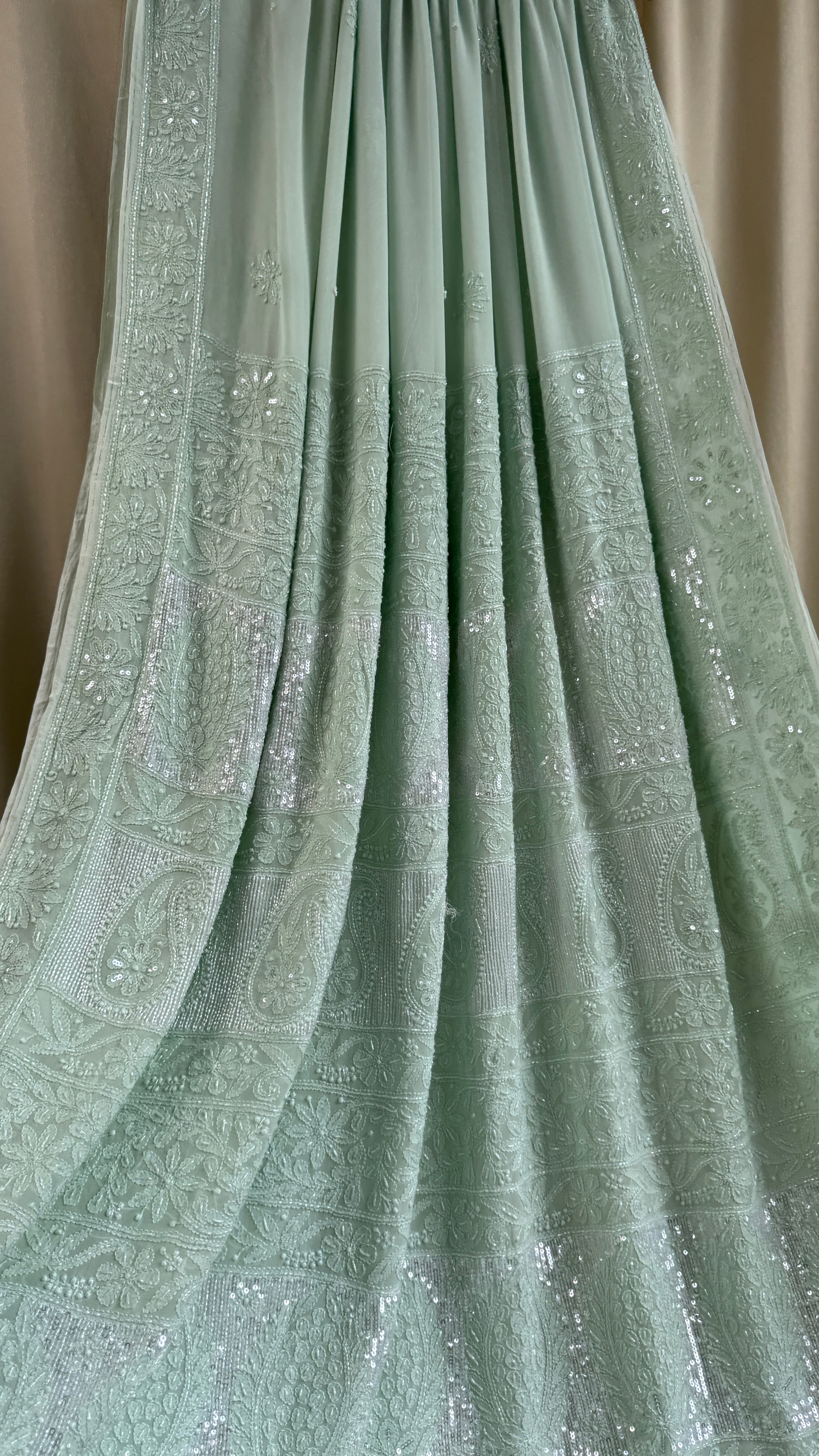 Chikankari saree with Pearl embellishments-Green- Ariaa Chikankari