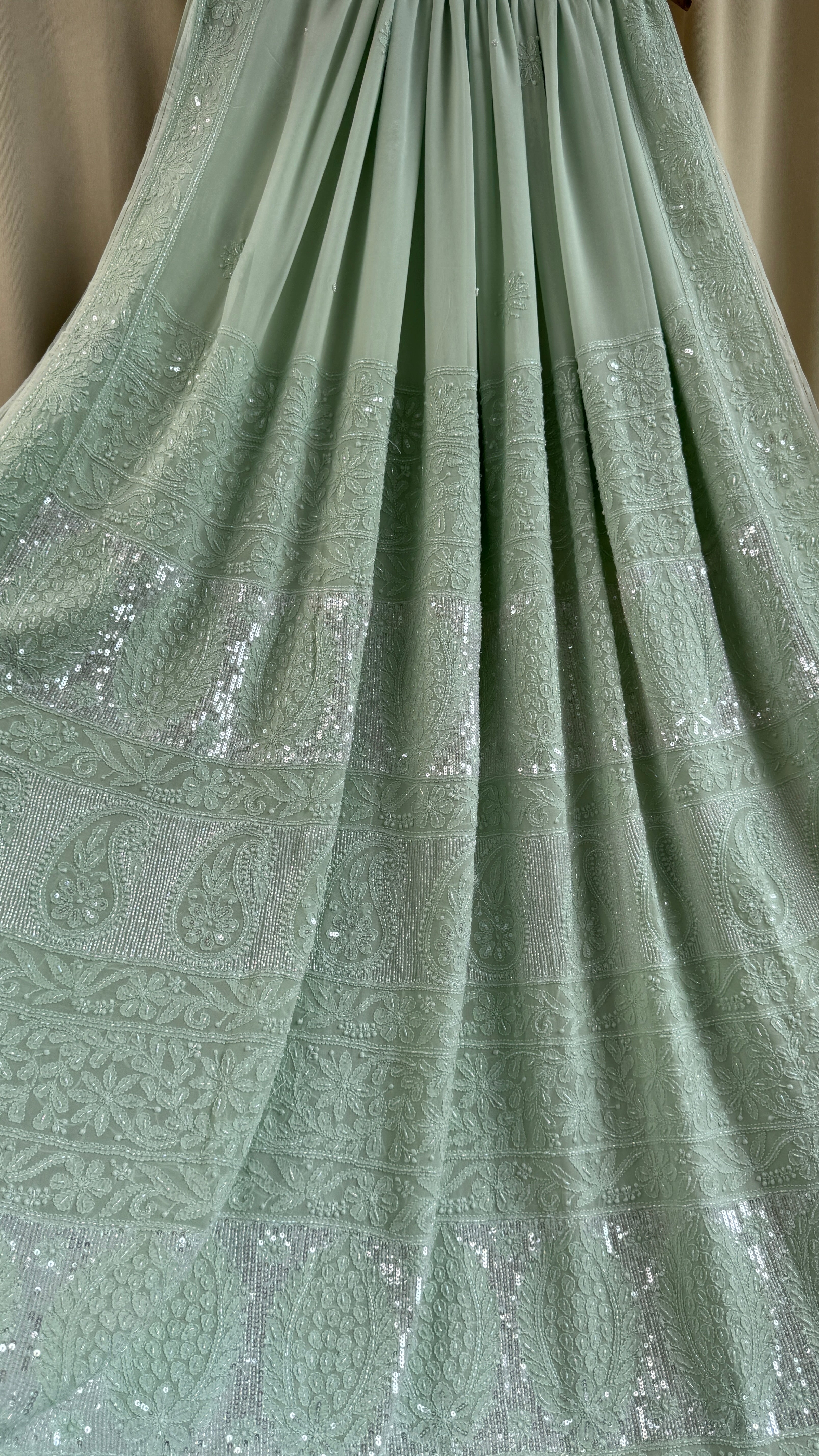 Chikankari saree with Pearl embellishments-Green- Ariaa Chikankari