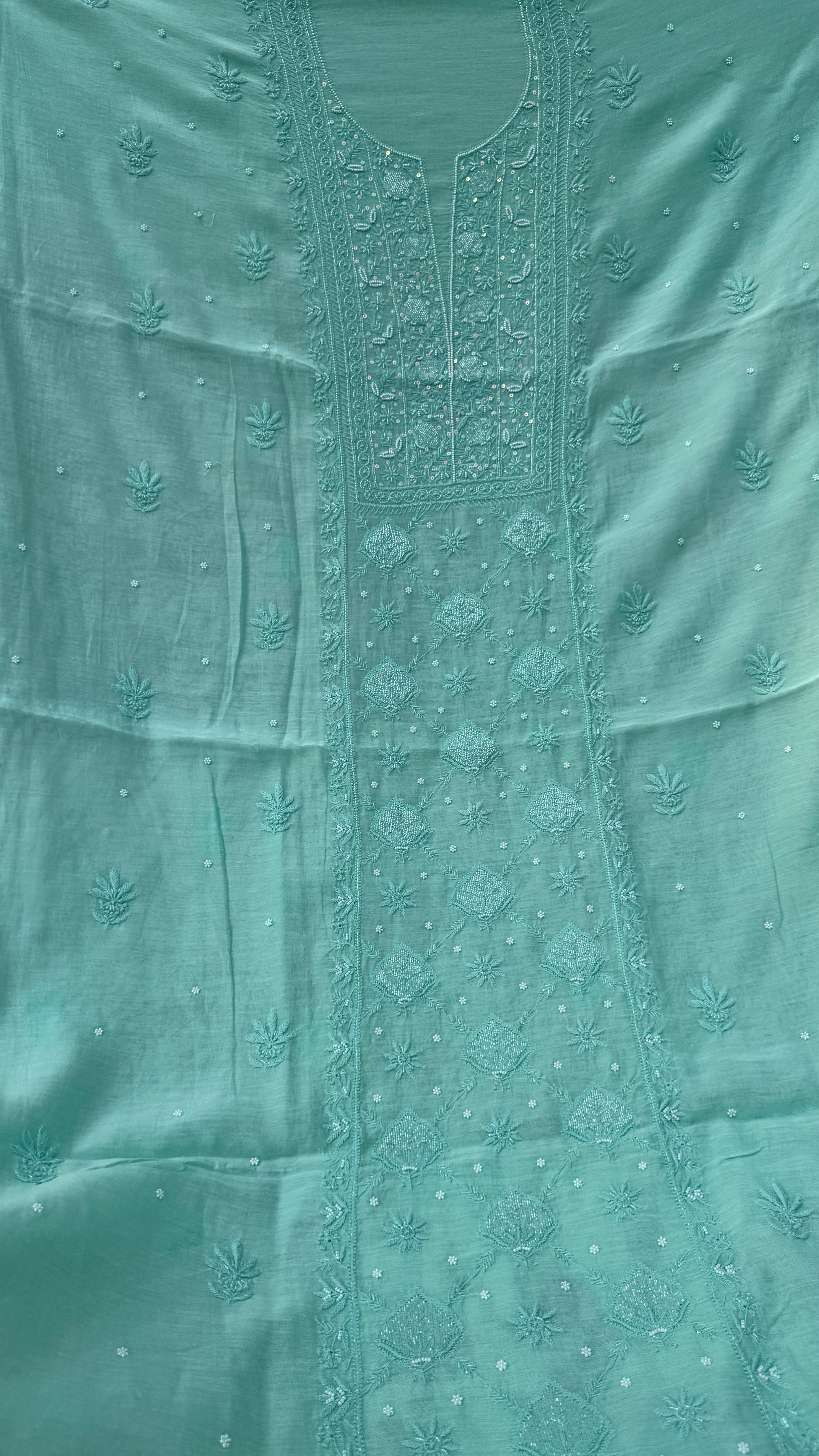 Mul Chanderi Chikankari - Heavy Unstitched Set - Green
