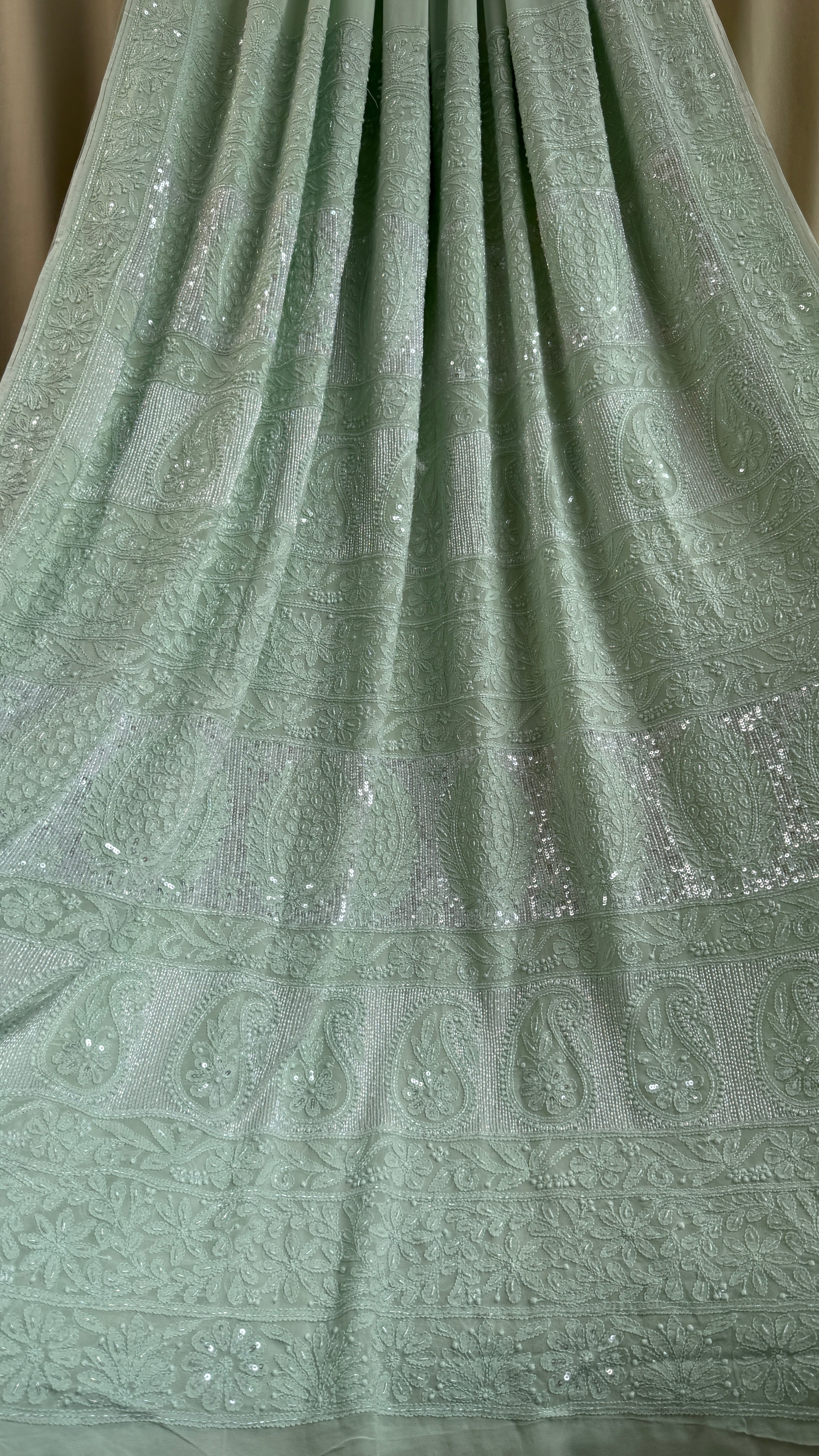 Chikankari saree with Pearl embellishments-Green- Ariaa Chikankari