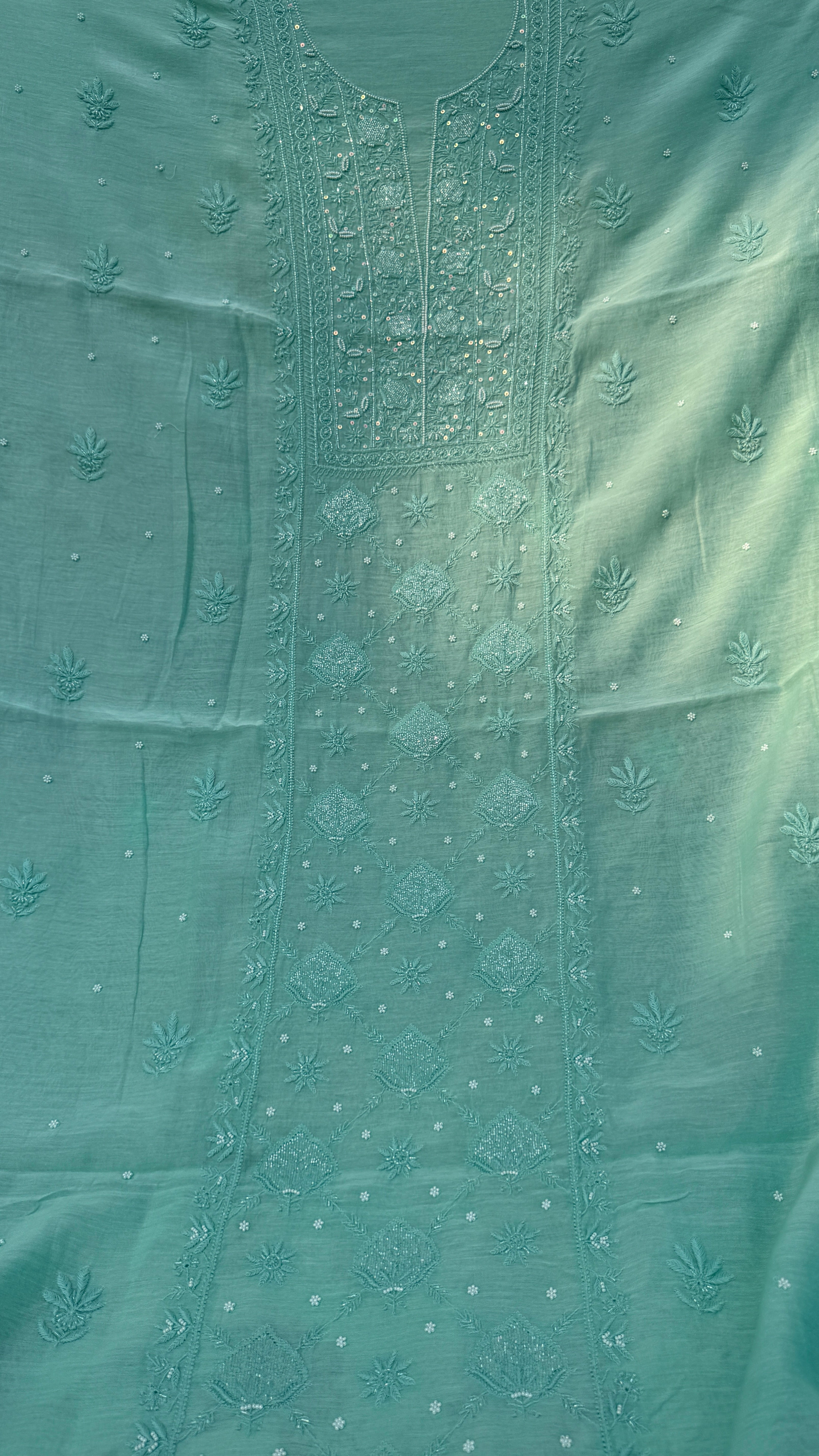 Mul Chanderi Chikankari - Heavy Unstitched Set - Green