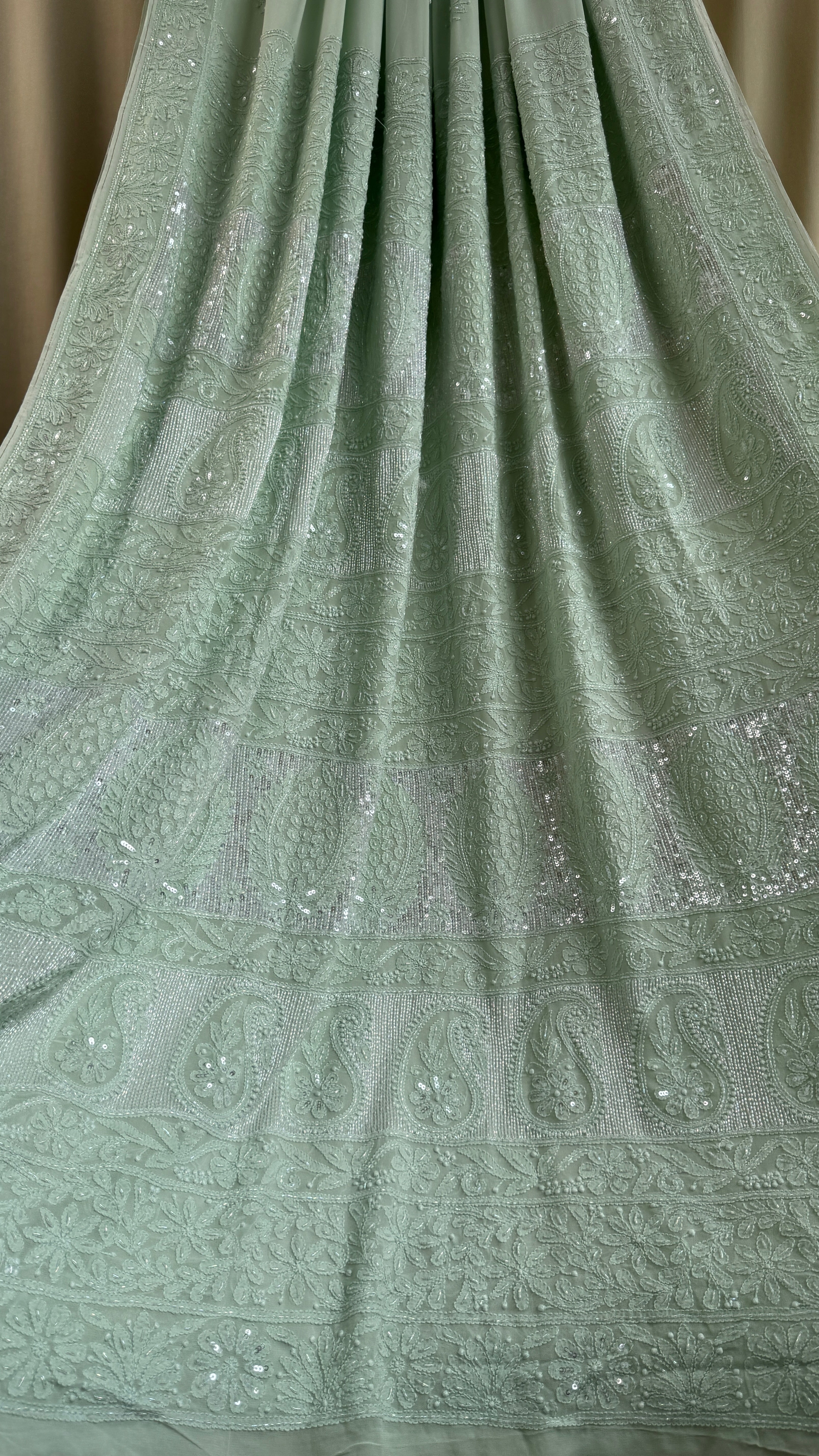 Chikankari saree with Pearl embellishments-Green- Ariaa Chikankari