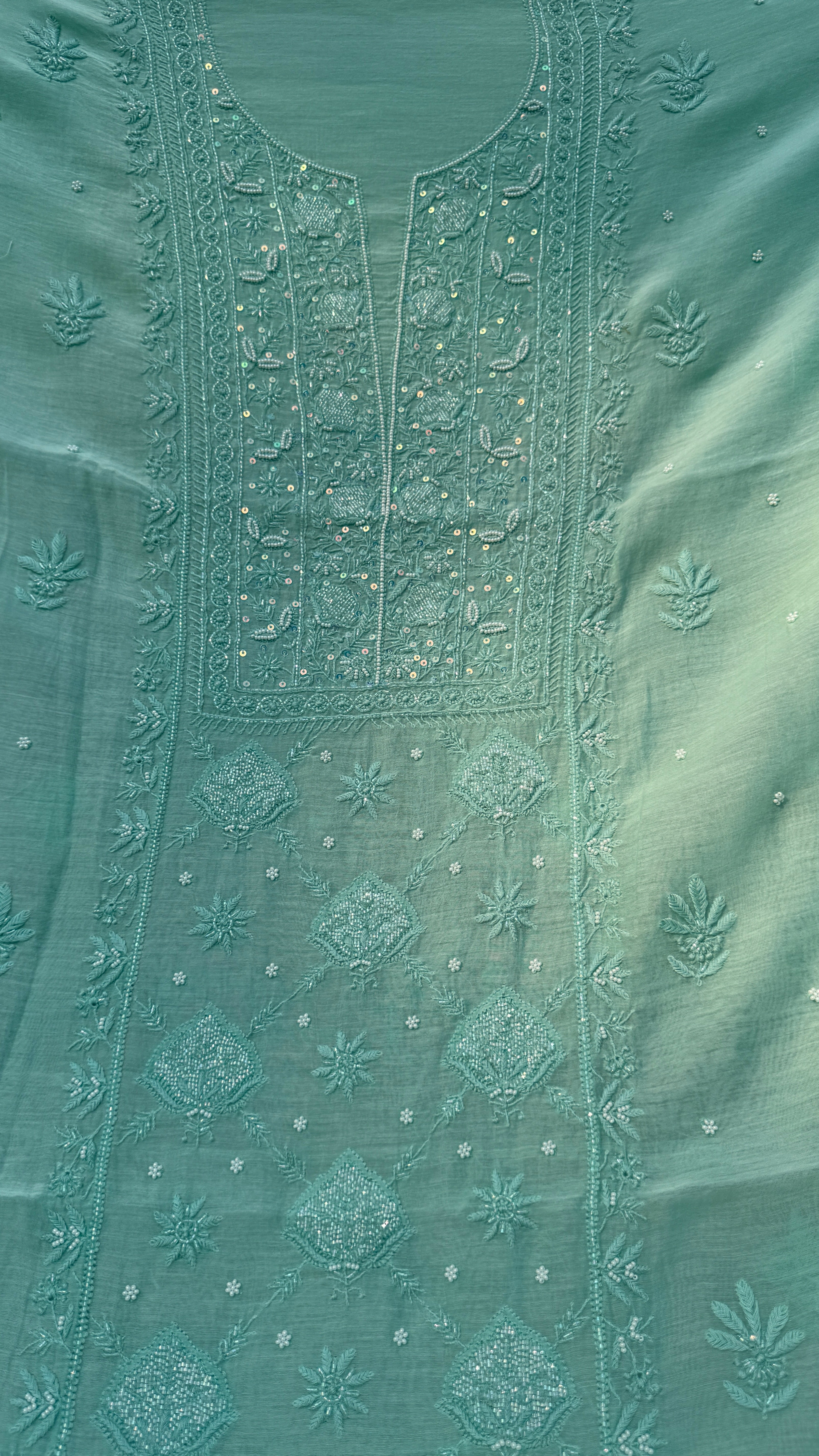 Mul Chanderi Chikankari - Heavy Unstitched Set - Green