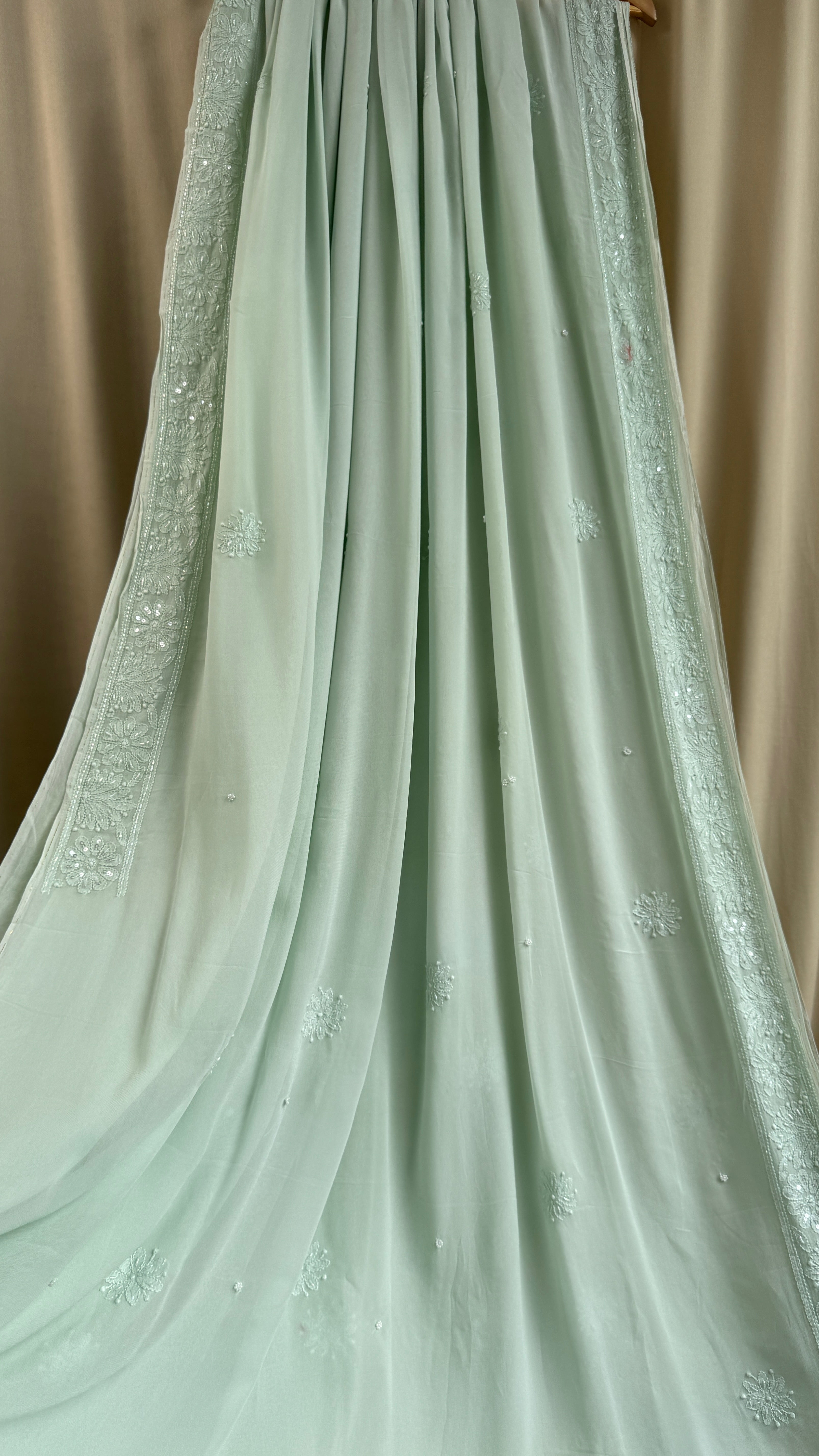 Chikankari saree with Pearl embellishments-Green- Ariaa Chikankari